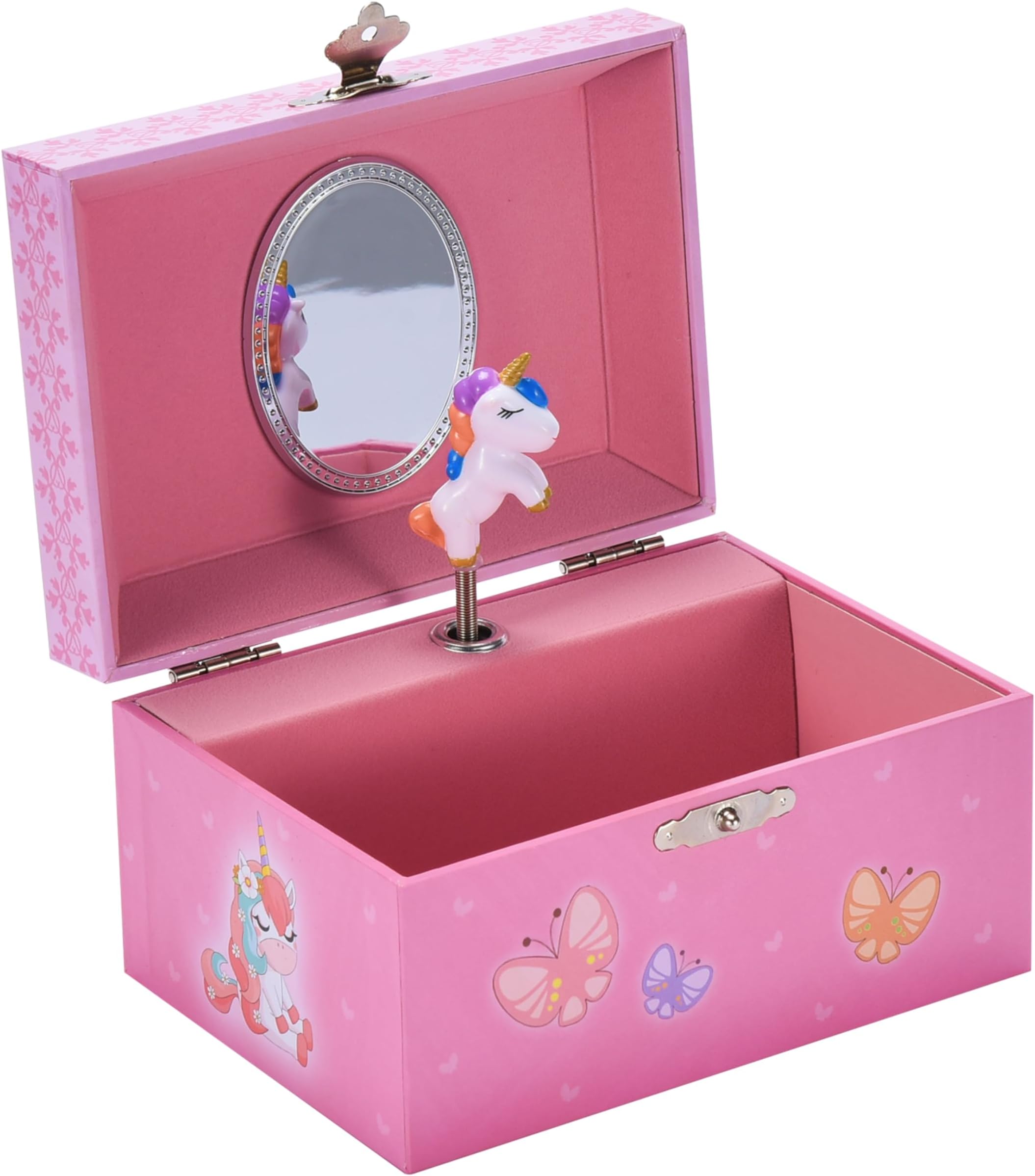 Jewelkeeper Unicorn and Butterfly Themed Jewellery Box Pink for Girls - Wooden Jewelry Box with Velvet Lining for Little Girl's Necklaces and Accessories - Spinning Unicorn Doll, Toys for Girls
