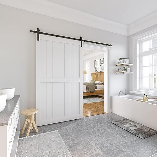 Miniatura 7 de SmartStandard Puerta de granero blanca de 60 x 84 pulgadas, losa de puerta corrediza MDF sin doblez, revestimiento de PVC impermeable, solo puerta
