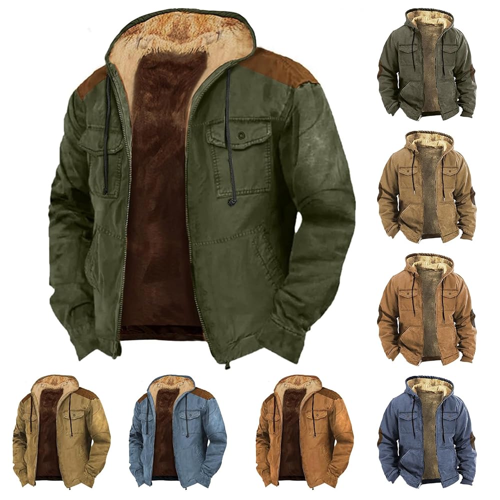 Mens Military Jacket Warm Fleece Lined Drawstring Hooded