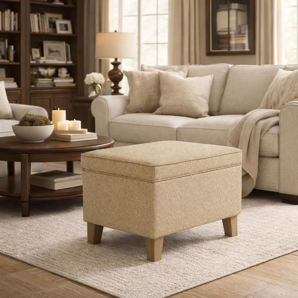 Homepop Home Decor | Medium Square Storage Ottoman with Hinged Lid | Ottoman with Storage for Living Room & Bedroom, Tan Cream Woven