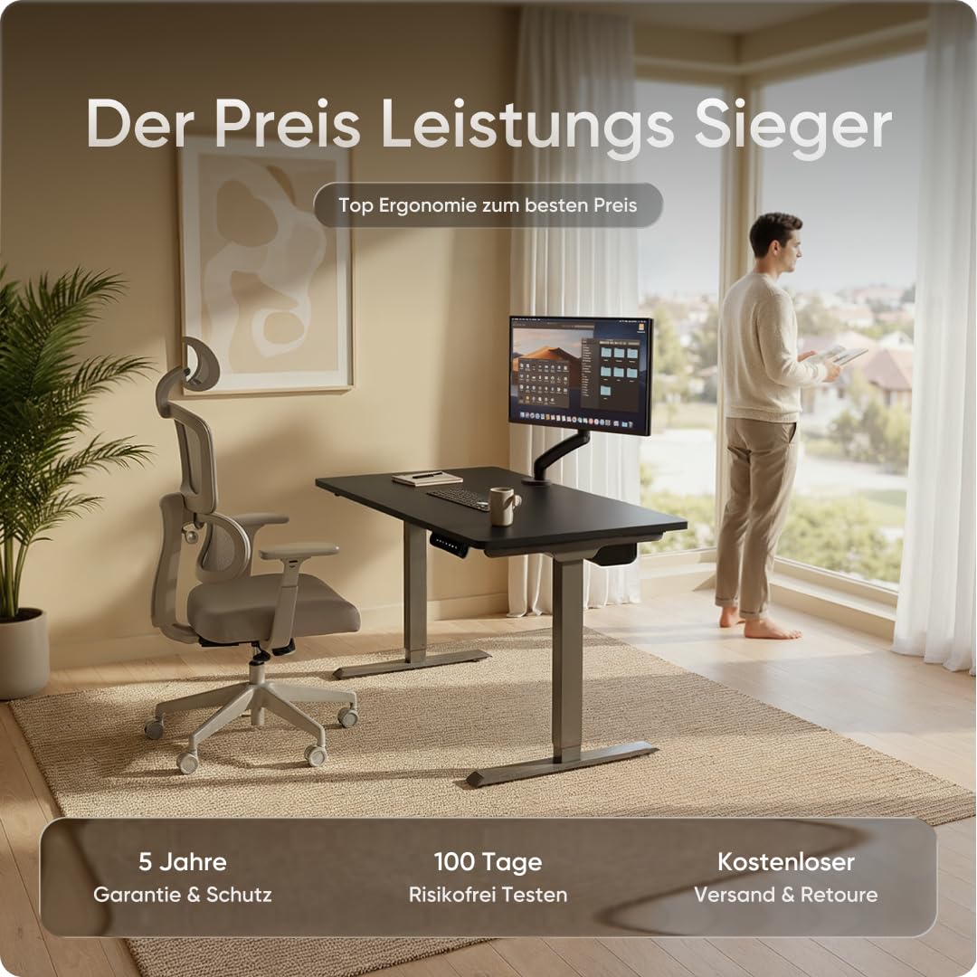 PRO Höhenverstellbarer Schreibtisch Gestell (elektrisch) - Schreibtischgestell Höhenverstellbar mit Kollisionsschutz, Memory Funktion, USB-Anschluss und 5 Jahre Gewährleistung (Grau)