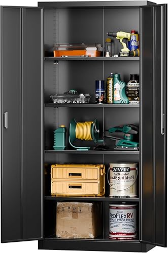 LOCENHU Armario de almacenamiento de metal con 2 puertas y 4 estantes ajustables, gabinete de archivo con bloqueo de 71 pulgadas, gabinete de