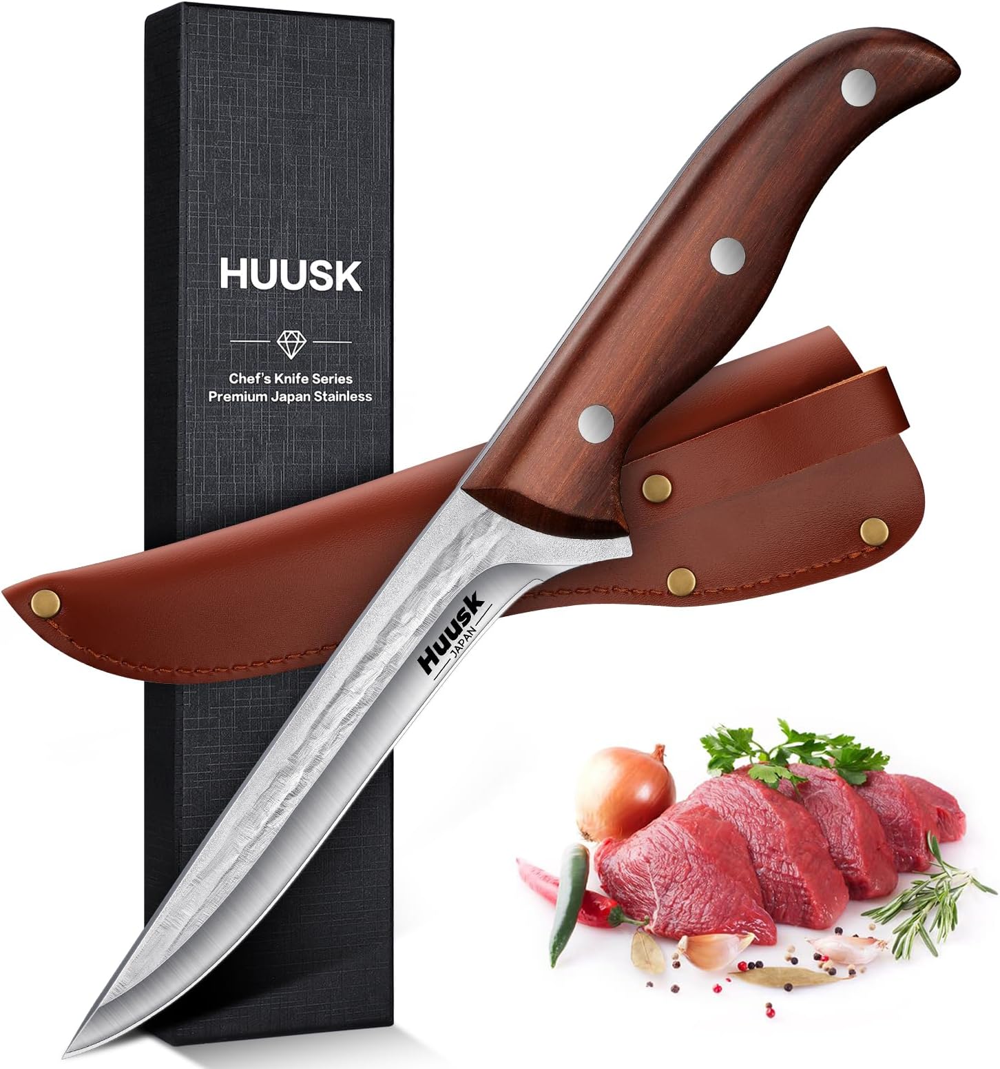 Huusk 5 Inch Boning Knife for Meat, High Carbon Steel Hand Forged Full Tang Sharp Japanese Deboning Knife, Premium Outdoor Kitchen Knife for Poultry Chicken,BBQ,Father's Day Christmas Gift