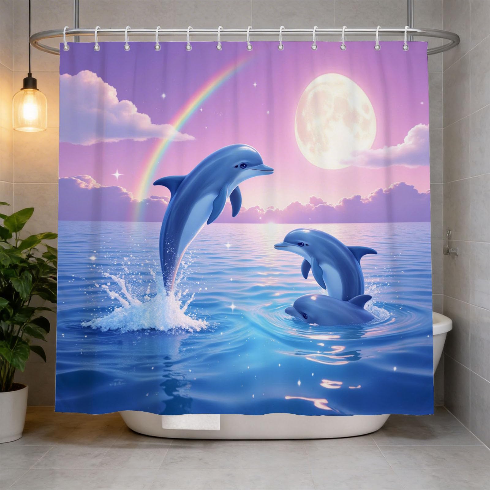 Hongduo 3D Dolphin Shower Curtain for Stalls Bathtubs Cartoon Bathroom Decor Shower Curtain Set Polyester Fabric Waterproof 200x200cm/79X79 Inch with Hooks