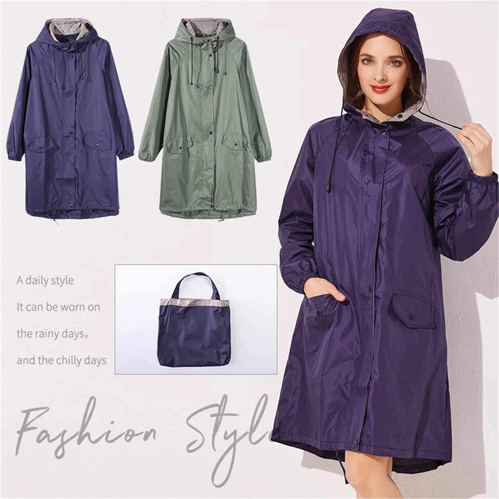 Poncho Lluvia Chaqueta impermeable larga y elegante for mujer con capucha cordón for senderismo viajes