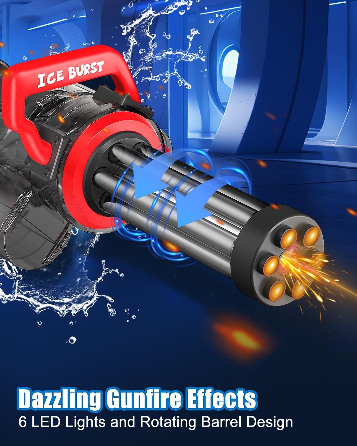 Gatling Electric Water Gun for Adults & Kids,The Most Powerful Full Auto Squirts Gun with Large Capacity Water Storage Backpack,Up to 36ft Shooting Range,Dazzling Gunfire Effects Muzzle Flash-Black