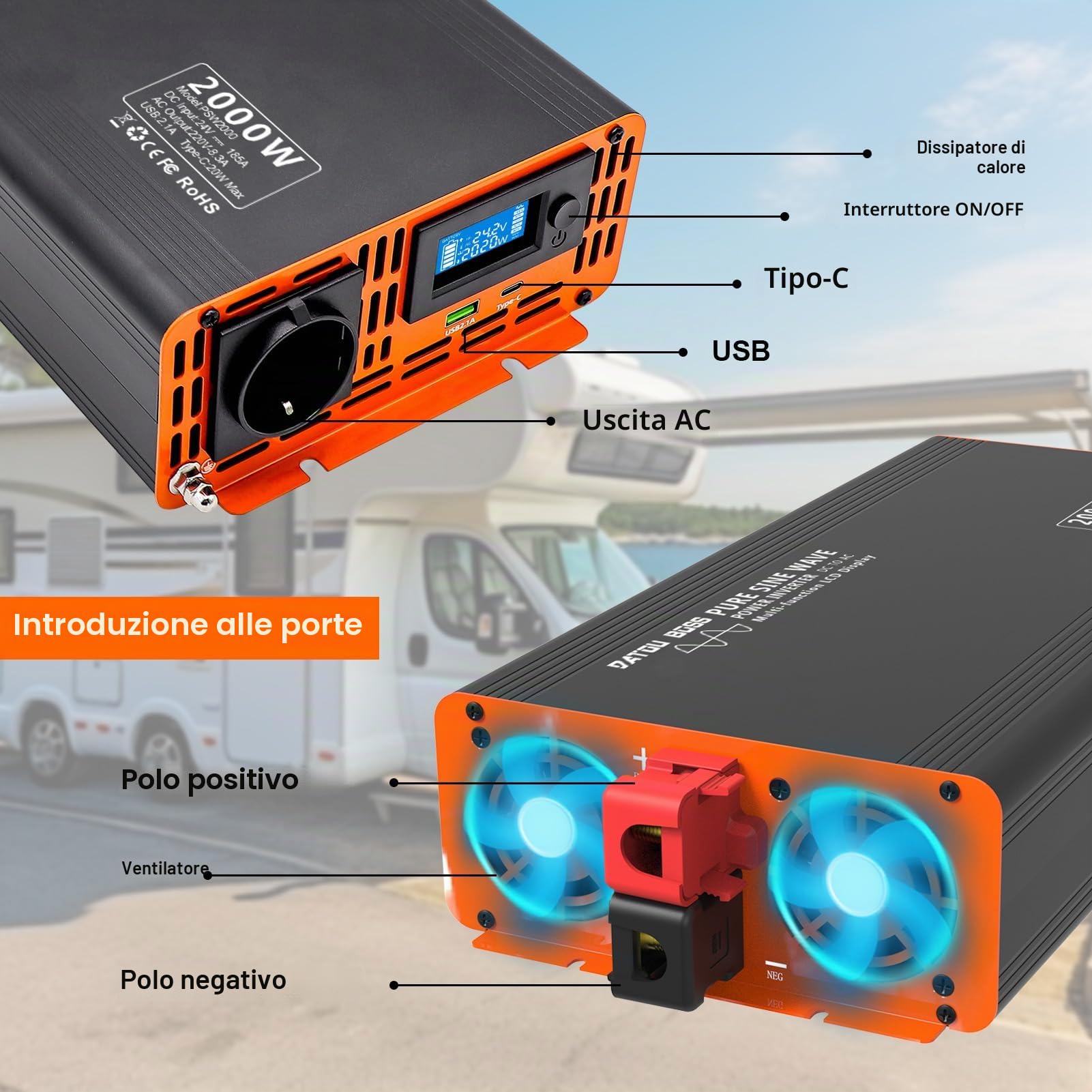 DATOUBOSS Inverter 24v 220v/230v Onda Pura 2000W/4000W, Inverter Onda Pura 2000W, Convertitore 24v 220v 2000w con LCD Display & Type-C e 1 presa AC e 1 Porta USB per Auto,Camion, Camper