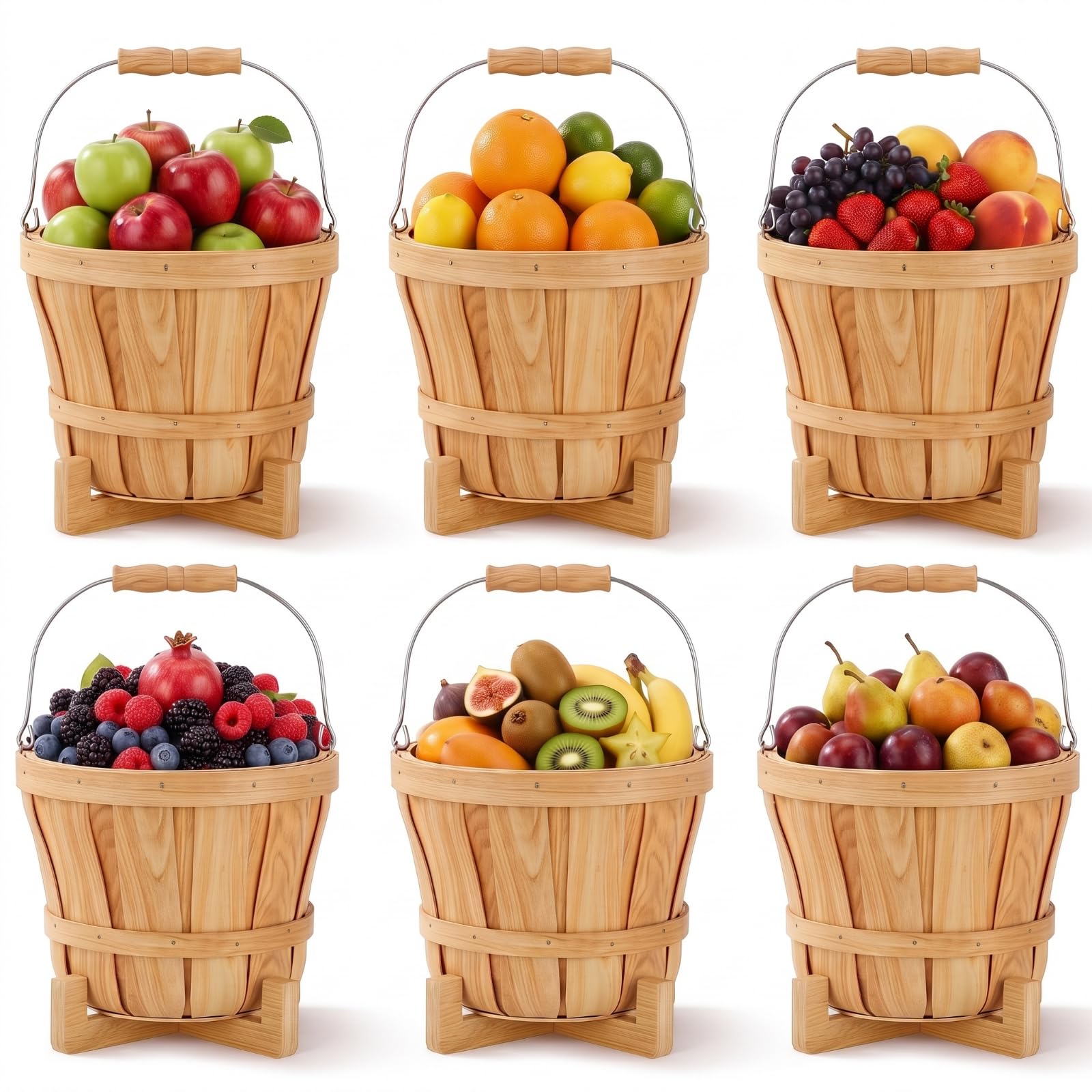 Lounsweer 6 Pack Small Wooden Bushel Baskets with Handle and Racks 7.87 x 5.9 Inch Empty Wood Fruit Buckets Retail Display Apple Basket Harvest Basket for Display Vegetables Garden Party Supplies