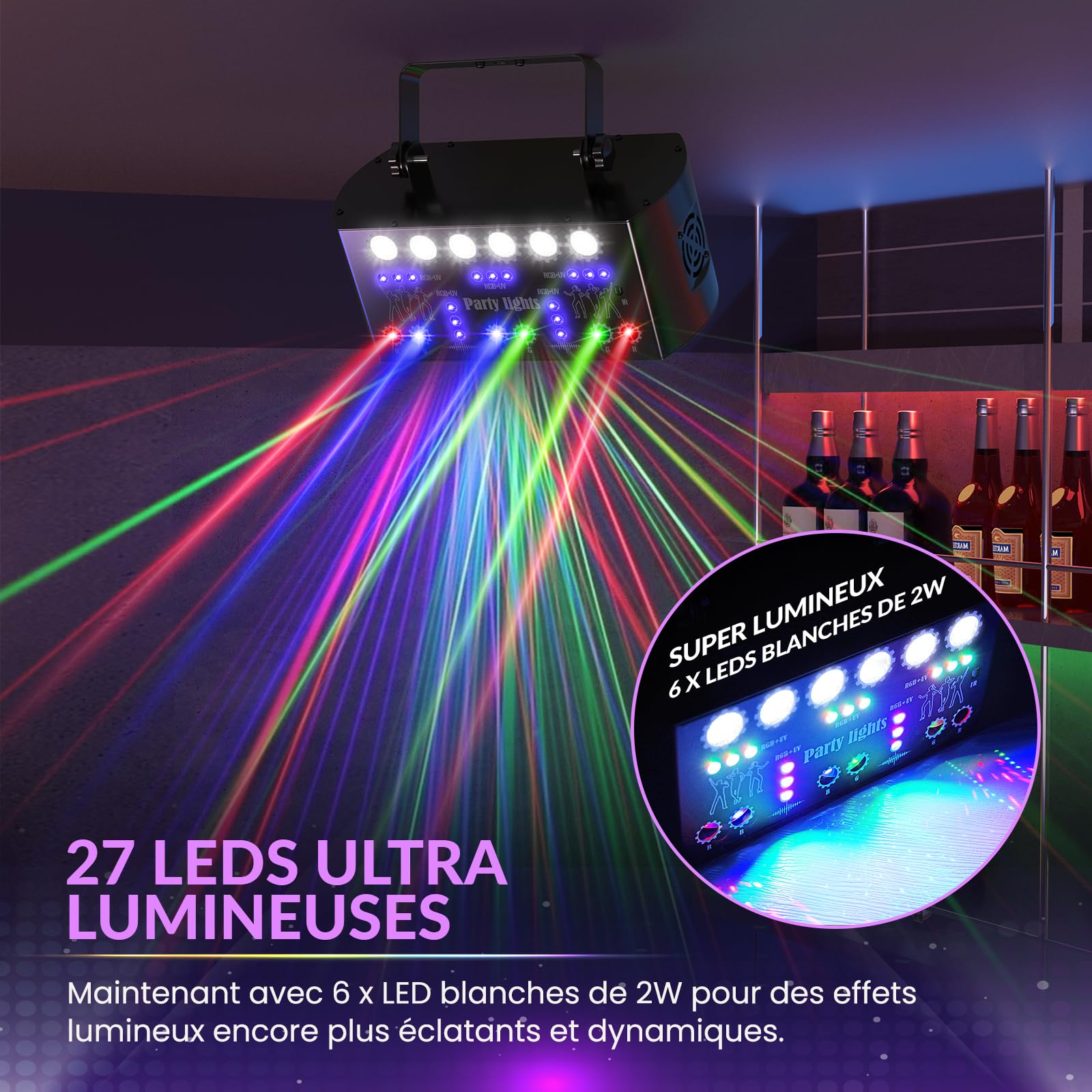 Jeux de Lumière DJ Professionnel RGB avec Effets Stroboscopiques et Laser, Télécommande IR, Éclairage de Scène pour Soirée, Fête, Anniversaire, Bar, DJ, DMX 512, Lumière Disco, Laser DJ