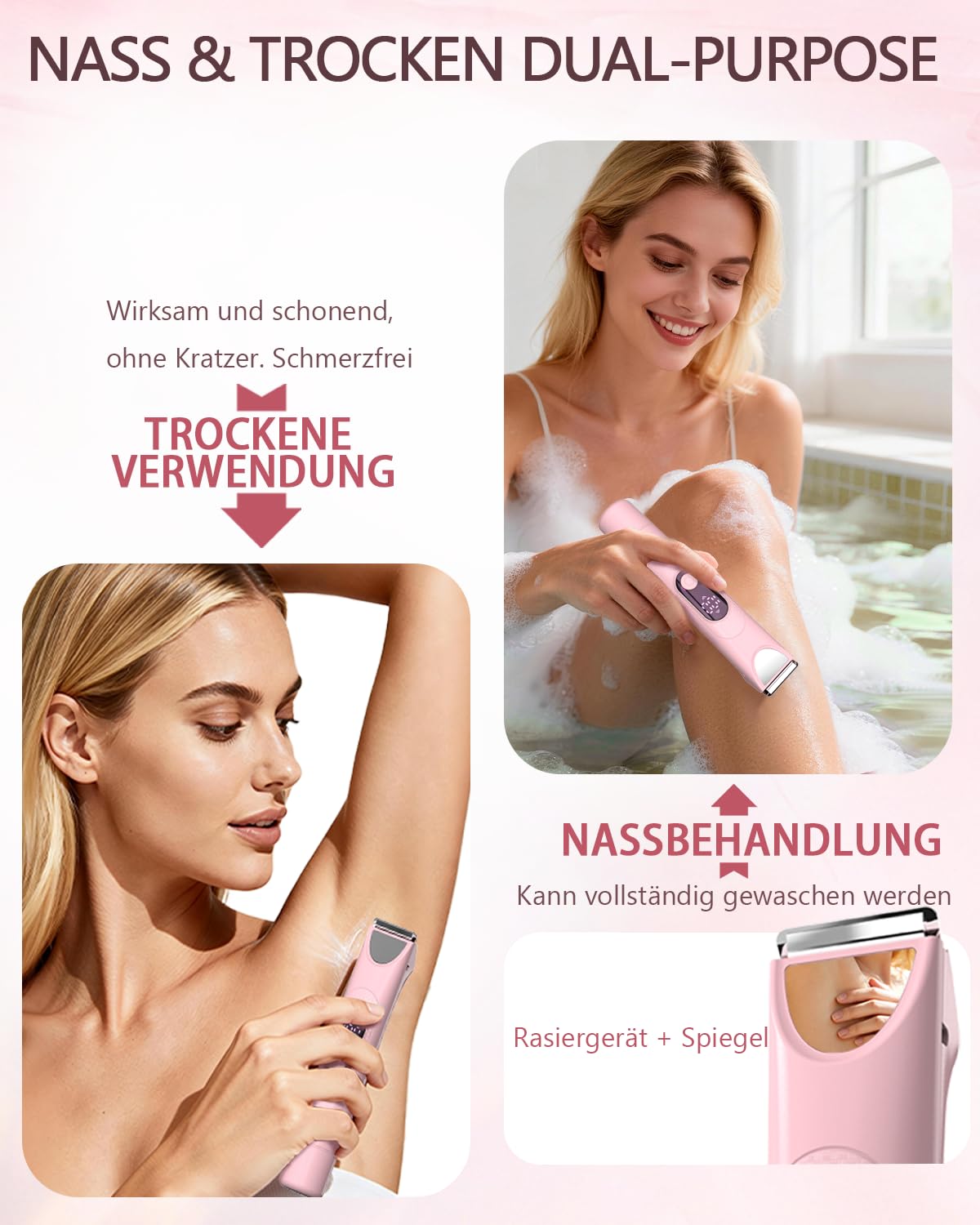 Afeitadora Eléctrica Mujer, Set de Depiladora Electrica 3 en 1 para Mujer, IPX7 Utilizable en seco/mojado Recortadora Corporal Mujer, Apto para Facial, Cuerpo y Las Zonas íntimas