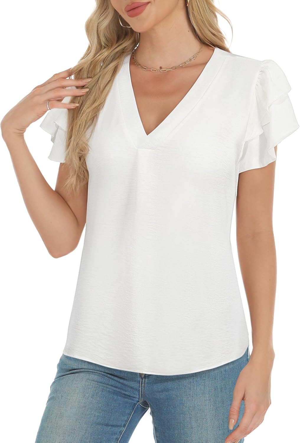 AURUZA Blouses for Women Dressy Casual, V Neck Ruffle Short Sleeve Tops Business Casual Tops Wrok Office Shirts Flowy Summer Blouse (White, S) - Image 7