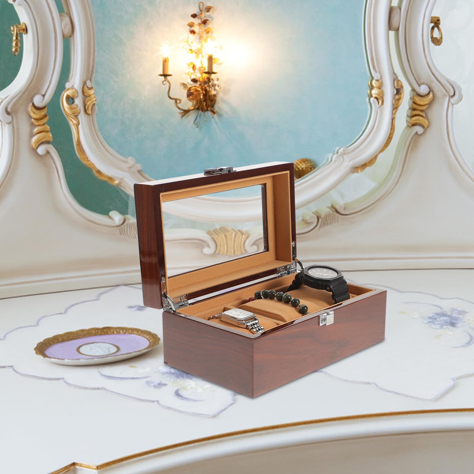 Uhrenaufbewahrungsbox und Schloss Braune Holz mit 3 Fächern | Entnehmbare Innenpolster, Klassische Schnalle, Fein Geschnittene Oberfläche für Geordnete Präsentation