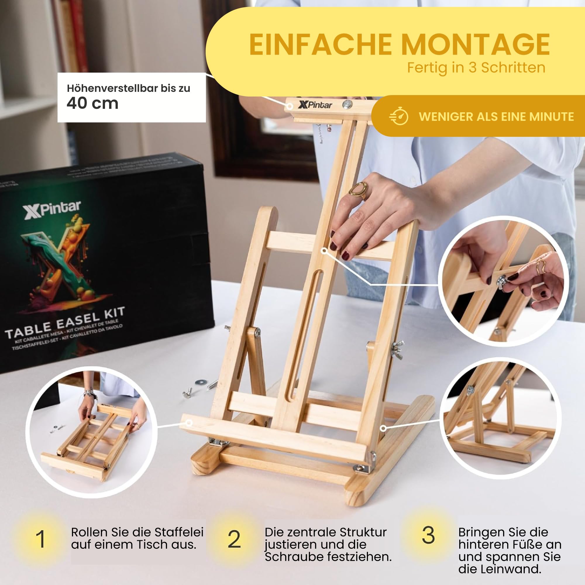 Acrylfarben-Set, 33-teilig, mit Staffelei aus Holz, 24 Tuben mit Acrylfarben, lebendige Farben, 12 ml, mit Leinwand zum Bemalen von 24 x 30 cm, plus 6 Pinsel und Palette