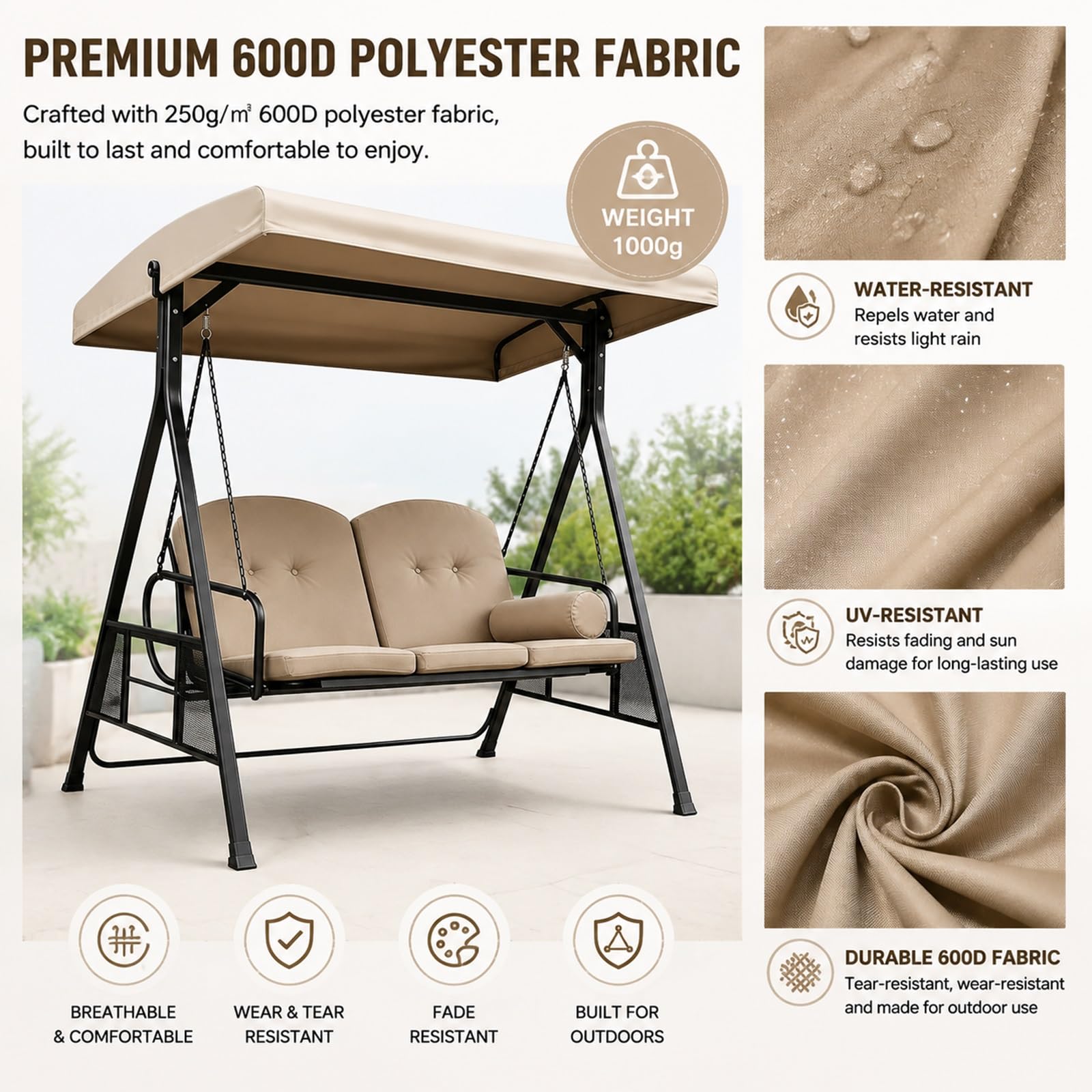 Copridondolo copertura tetto per dondolo da giardino resistente | Tessuto poliestere 600D 250g/m², resistente agli strappi, protezione solare, facile pulizia(61.42*49.21in)