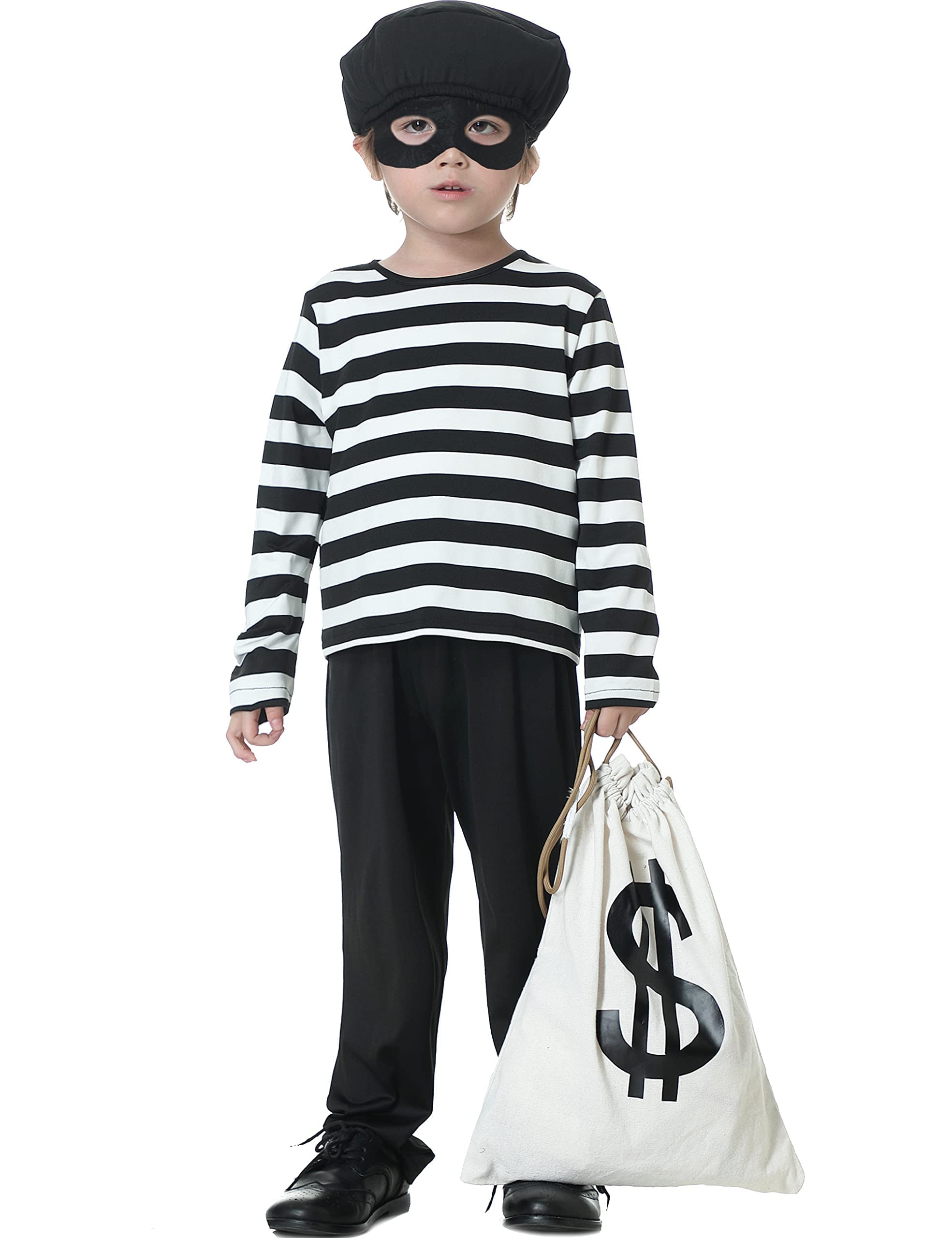 5PCS Robber Costume Kids Boys Girls,Thief Fancy Dress Costume for Halloween Cosplay World Book Day Carnival Masquerade Party