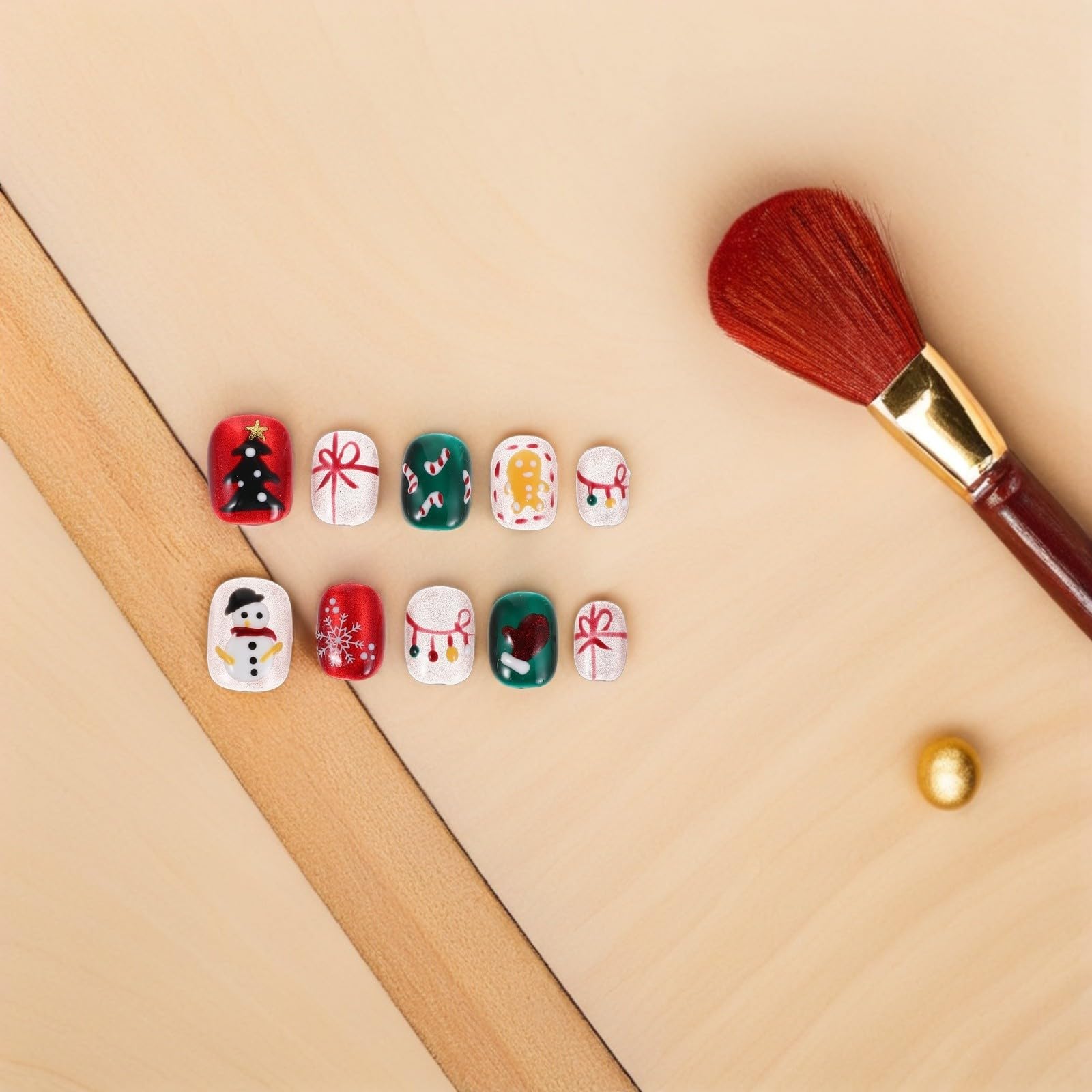 5 Sets Kurze Weihnachtliche Press On Nägel mit Kunststoff, Rund,
