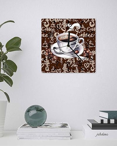 Miniatura 2 de Reloj de pared con taza de café, funciona con granos, reloj de pared silencioso de madera sin tictac de 12 pulgadas, reloj de pared cuadrado de