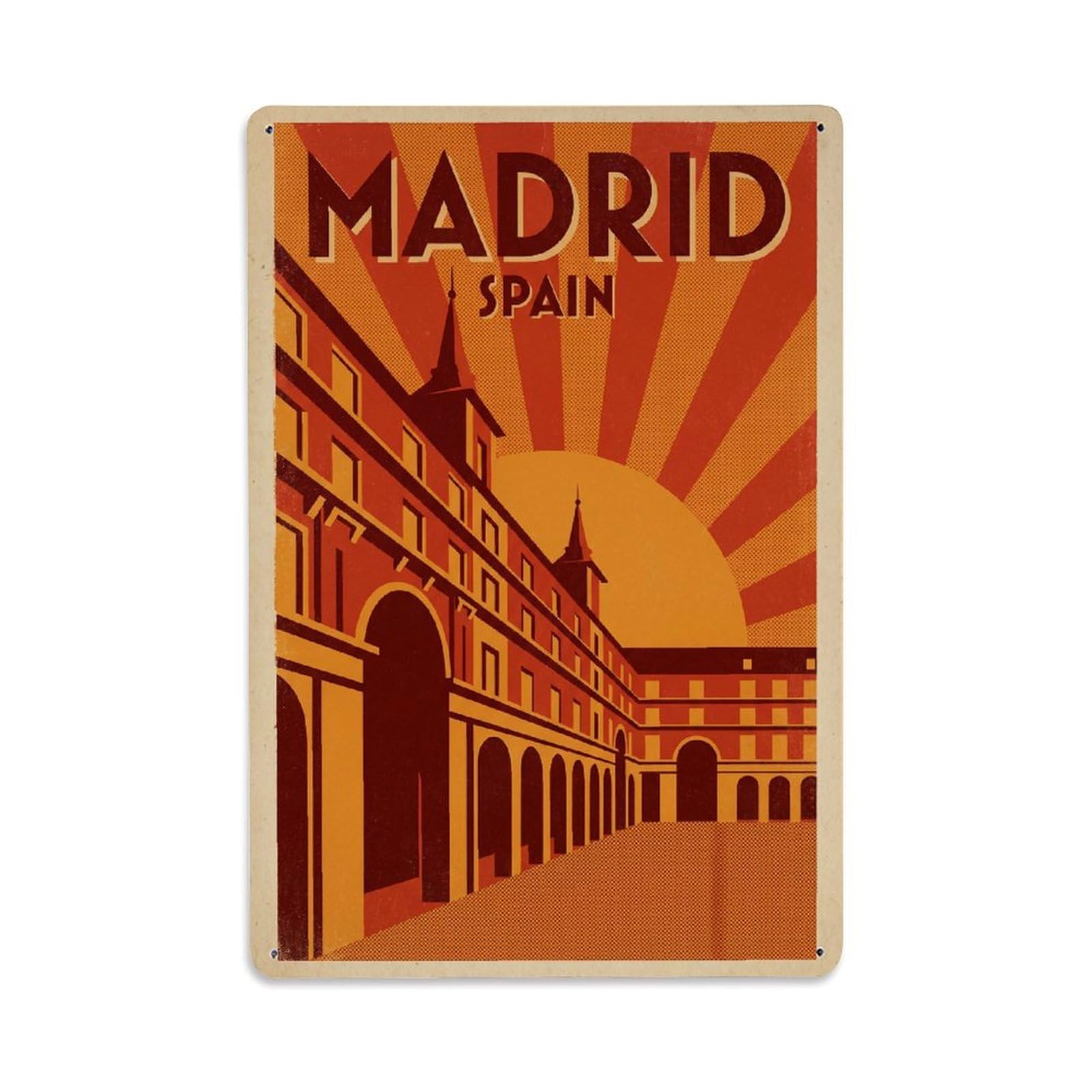 Travel Retro Spain Madrid Metal Tin Sign Plaque Wall Decor for Cafe, Club Bar, Office, Garden Metal Poster 8x12Inch