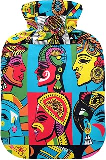Psychedelic Indian Colorful Faces Water Bottle for hot Water with Soft Cover, 2L hotwater Bag for Tummy Warmer