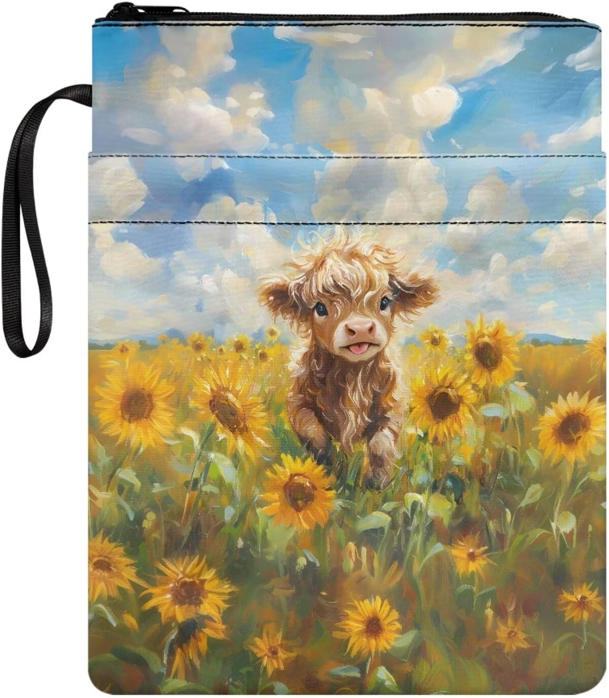 Retro Sunflower Highland Cow Print Book Sleeve for Hardcover Paperback Book Cover with Zipper and Rope Bible Bag Storage Pouch Puse for Book Lovers Outdoor Study