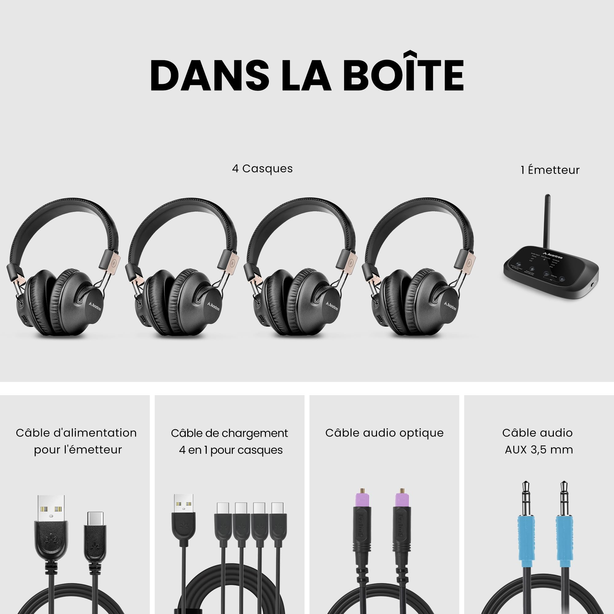 Avantree Quartet 2 - Système de Casque de Groupe sans Fil Compatible Bluetooth pour TV, église, silencieuse, Faible Latence et Voix claires - Connectez Plusieurs écouteurs à Un téléphone, PC, TV