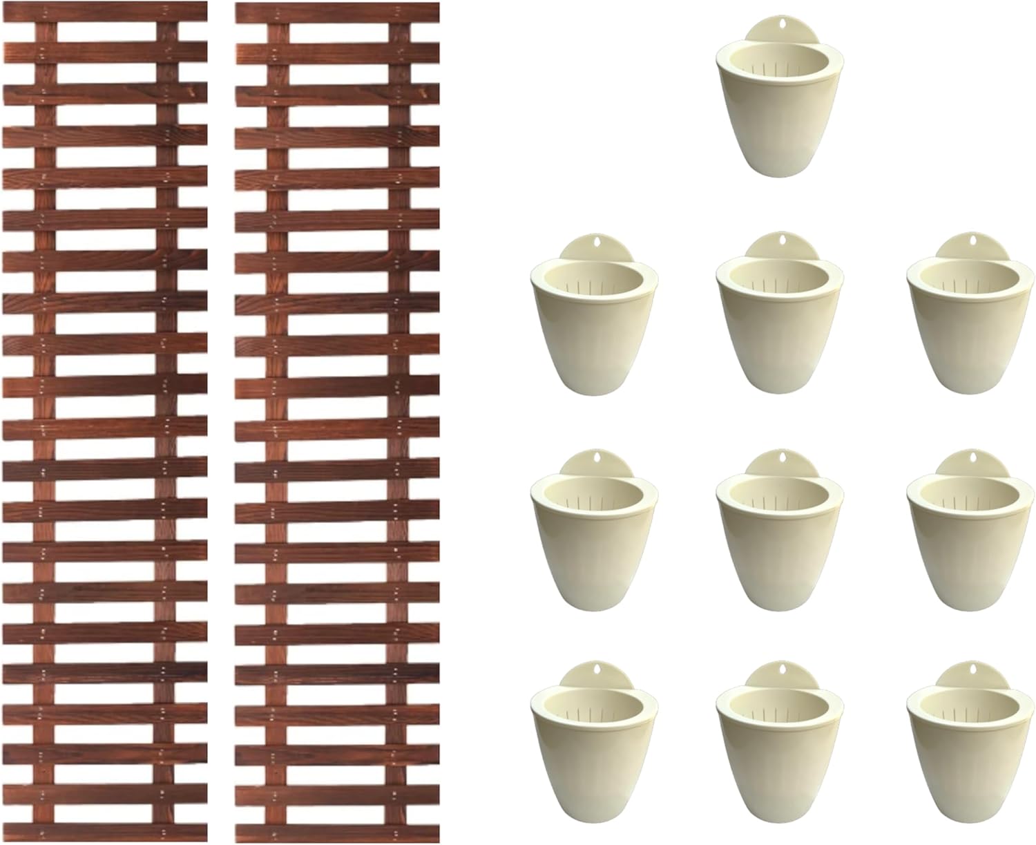 ShopLaLa Bundle - 2 Pack Wooden Wall Planter + 10 Pack, 4 Inch Self Watering Plastic Planters White Plant Holder, Modern Hydroponic Wall Pot Vertical System for Living Plant, Garden