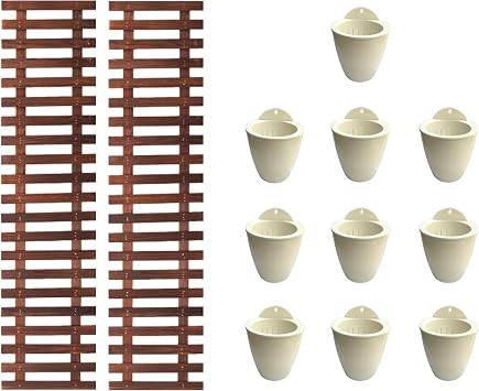 ShopLaLa Bundle - 2 Pack Wooden Wall Planter + 10 Pack, 4 Inch Self Watering Plastic Planters White Plant Holder, Modern Hydroponic Wall Pot Vertical System for Living Plant, Garden