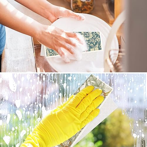 Miniatura 7 de AnyDesign - Paquete de 8 paños de cocina suecos con flores azules y verdes, reutilizables, lavables, de algodón, para la limpieza de fiestas en el