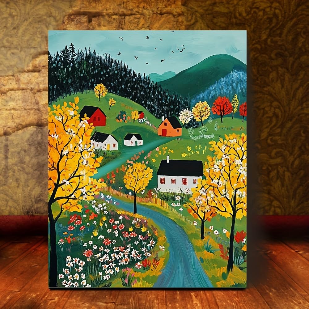 Ukixom Inner Frame Painting Canvas Posters Prints Vibrant Countryside Scene With Blooming Trees Cottages Blue Sky Perfect For Home Decor(50X63cm(20X25in)/Innerframe)