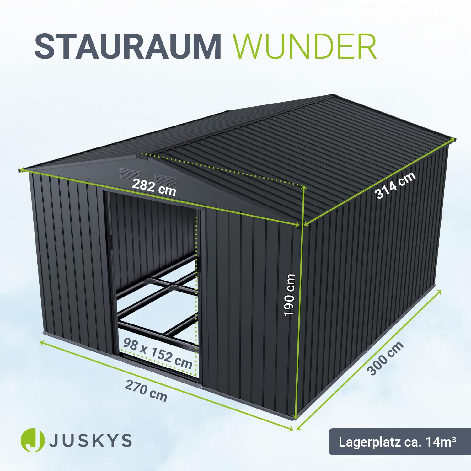 Juskys Geräteschuppen Metall XXL – Gartenhaus & Gerätehaus mit Schiebetür, Fundamentrahmen & Schloss, wetterfester Gartenschrank zur Aufbewahrung – Dunkelgrau