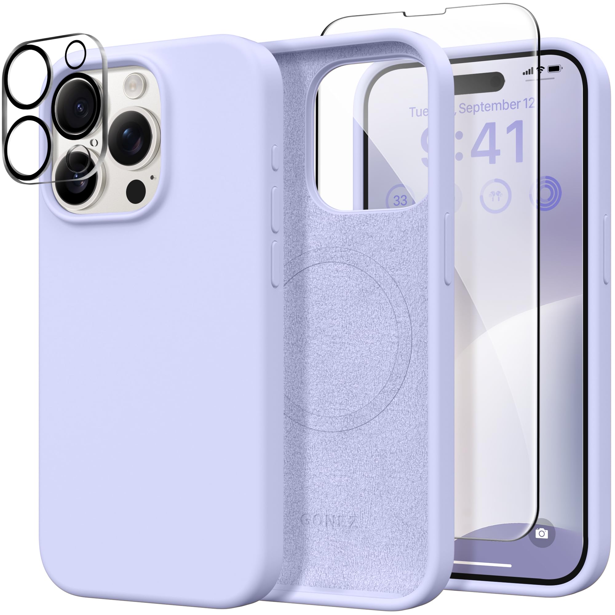 GONEZ for iPhone 15 Pro Max Case Silicone, Compatible with Magsafe, Camera Protector + Screen Protector, Soft Anti-Scratch Microfiber Lining, Liquid Silicone Shockproof Phone Cover, Lilac