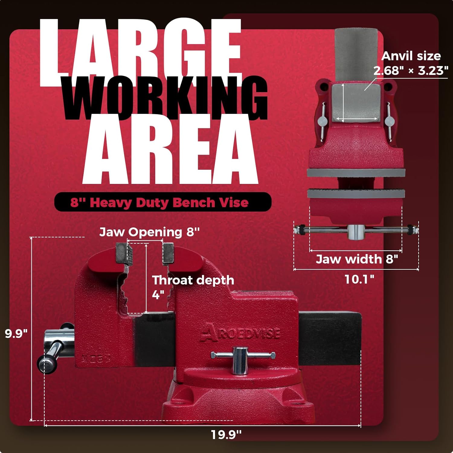 8" Heavy-Duty Bench Vise, 8" Jaw Width & Opening, 11,025 lbs Clamping Force, 60,000 PSI Ductile Iron Vise with 360° Swivel Base, Anvil & Pipe Jaws for Metalworking Industrial Use (RS80)