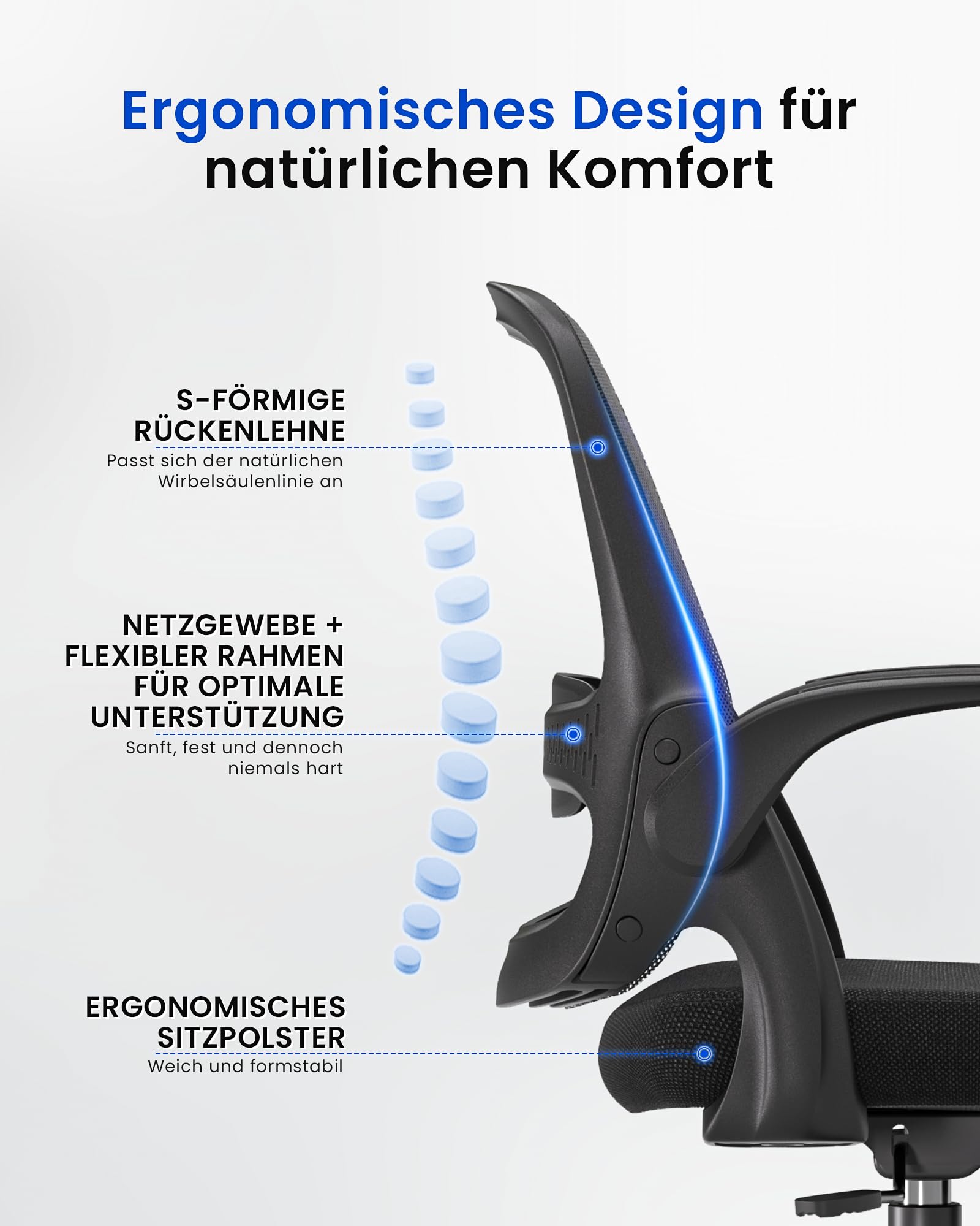 LukkDys Bürostuhl Ergonomisch, Schreibtischstuhl mit klappbaren Armlehnen, Mesh Computerstuhl höhenverstellbar, Drehstuhl für Home Office, Kinder & Studenten, Büro Sessel Schwarz