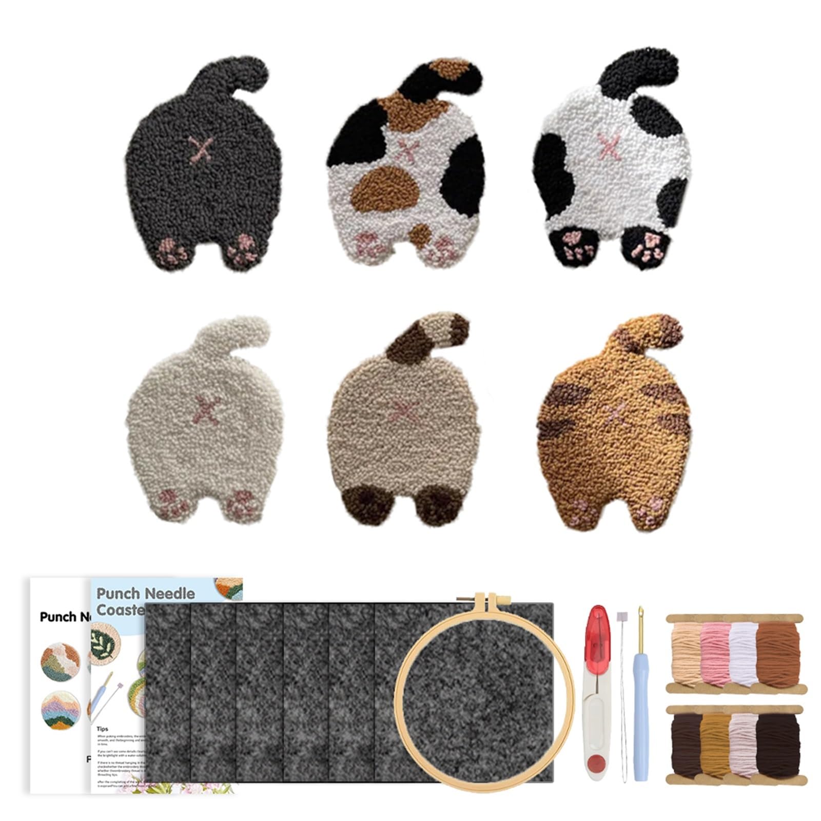 1set Punch Needle Coaster Kit Yarns and Sewing Coasters Kits for Beginners DIY Tufted Rug Pads with Adhesive Felt Embroidery for DIY(Color1)