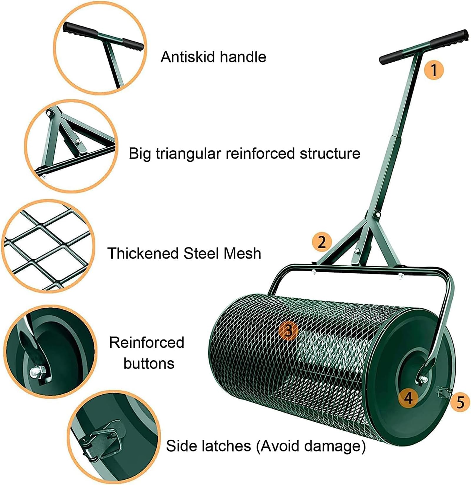 Esparcidor de abono de jardín con mango largo, cesta de malla de metal para césped y césped, fertilizante eficiente para abono y esparcidor de semillas, 40 x 60 cm, ideal para jardineros