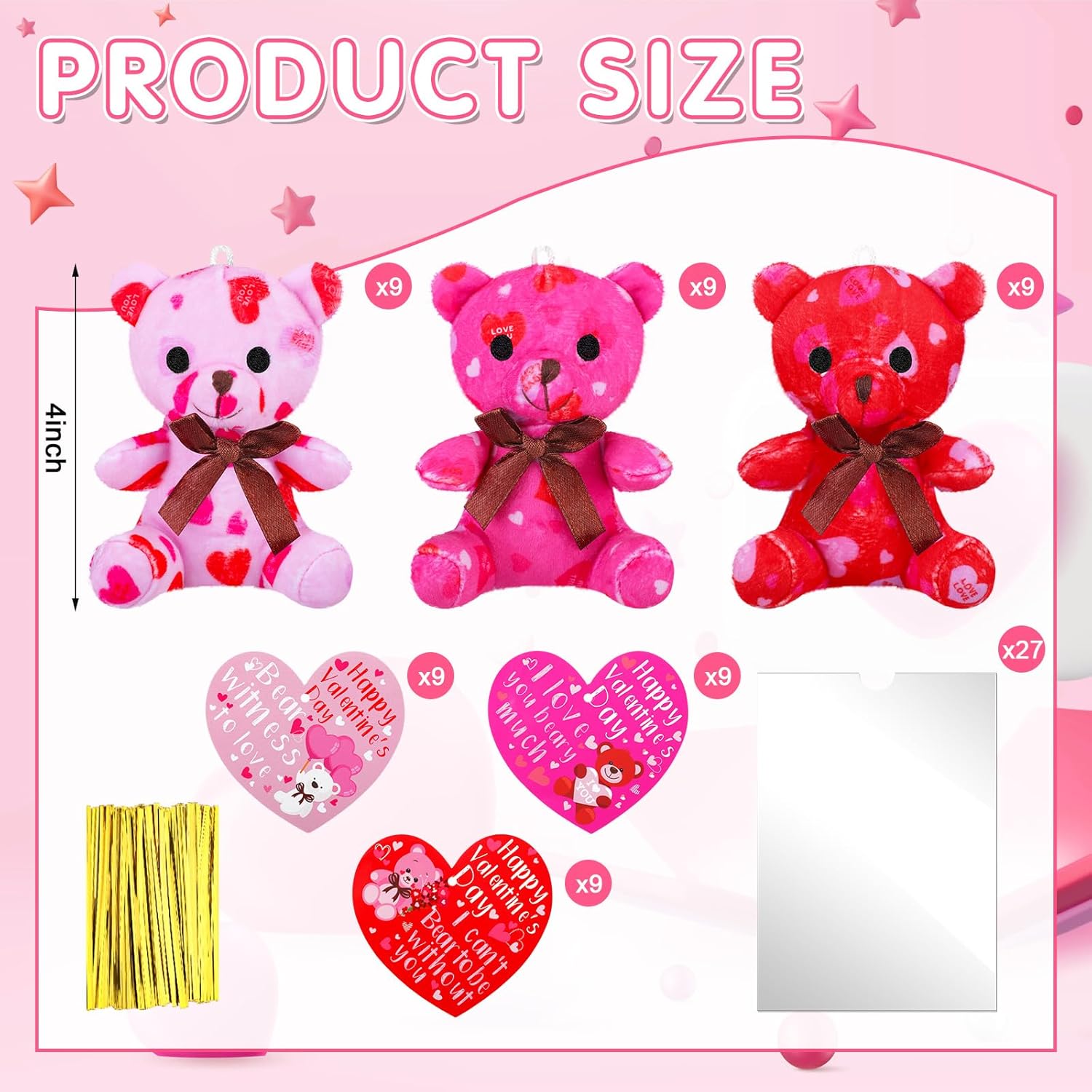 Poen 18 Pack Valentines Day Bears Bulk with Heart Cards Mini Valentine Stuffed Animal with Heart Pattern Bears Toys Keychains for Kids Boy Girl Classroom Prize Goodie Bag Stuffers Party Favor