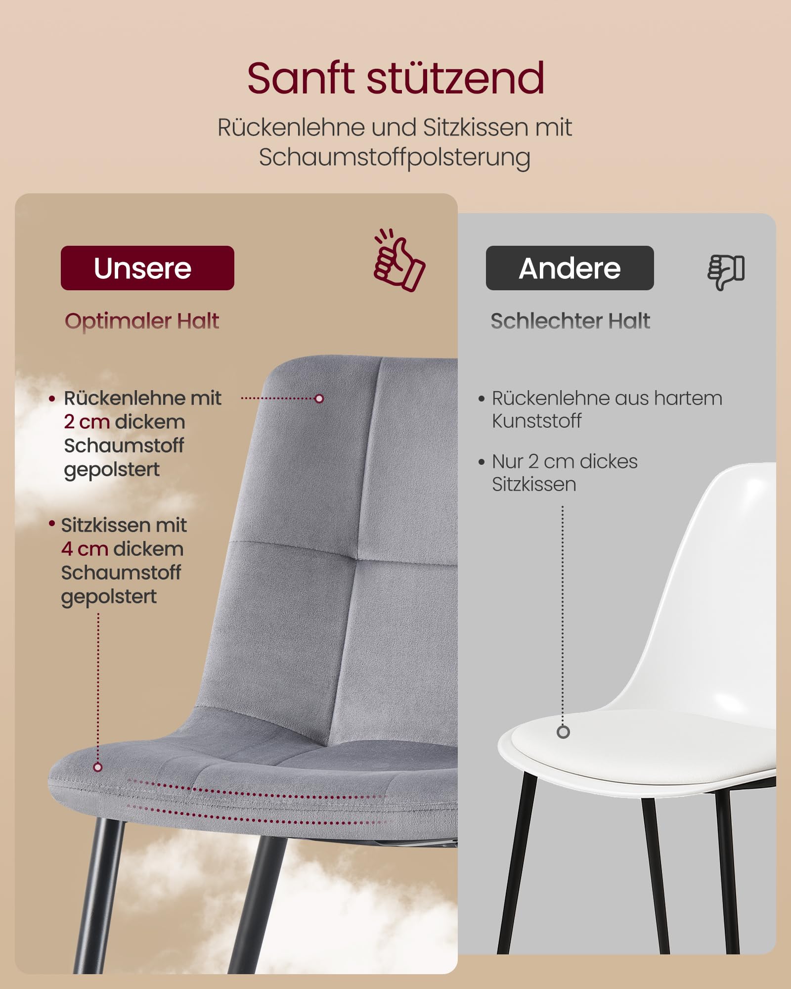 VASAGLE Esszimmerstühle Samt, Küchenstühle bis 120 kg belastbar, Sessel mit verstellbaren Füßen, modern, gepolstert, für Wohnzimmer, 2er Set, schiefergrau KDC088GN01