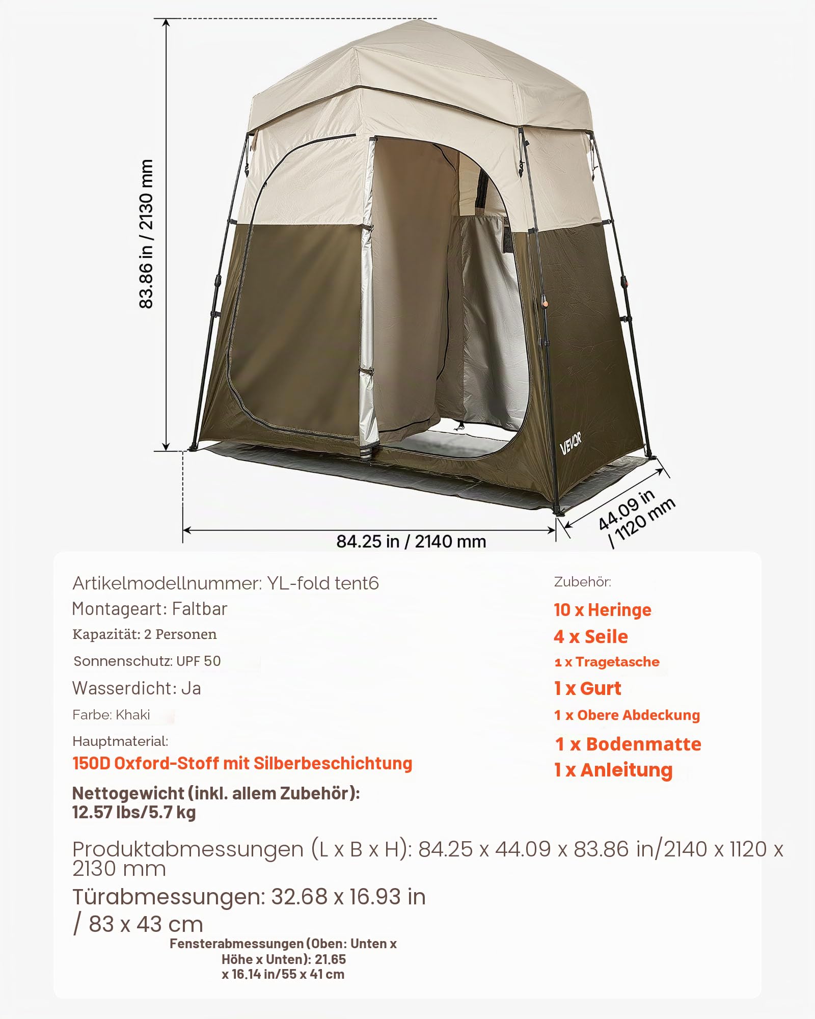 VEVOR Duschzelt Toilettenzelt (2140x1120x213 cm) mit Sichtschutz & 2 Räumen, Umkleidezelt inkl. Heringen & Seilen & Tragetasche, Sichtschutzzelt aus 150D Oxford-Gewebe für Camping Strand Angeln