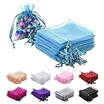 MOTYAWN 100Pcs Organza Bags - 2x3 Inches Drawstring Mesh Gift Bags for Jewelry, Wedding, Party (Water blue)