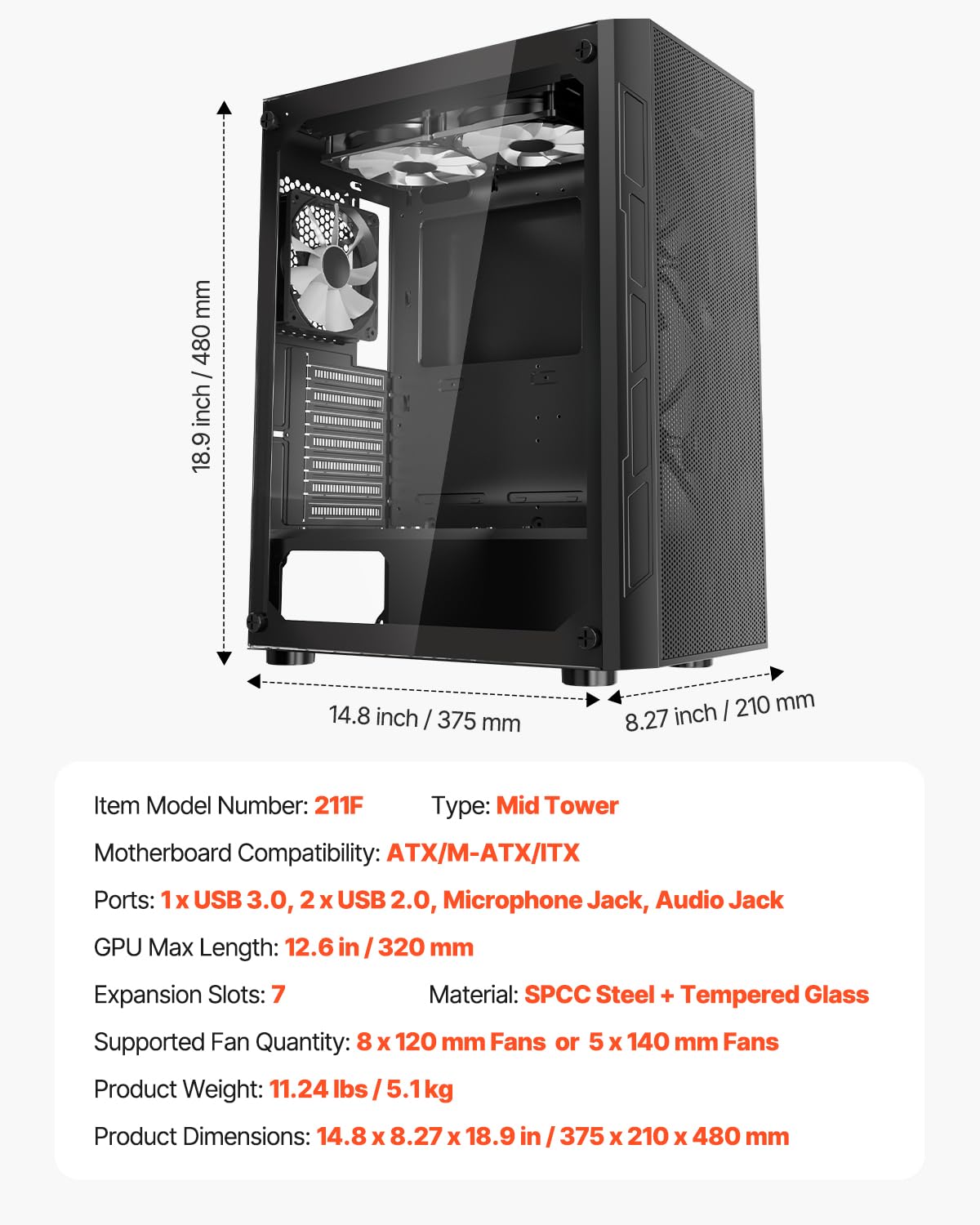 VEVOR Caja de PC Torre Media con Panel de Vidrio Templado Alto Flujo de Aire 3 Ventiladores ARGB de 120 mm Gestión de Cables Compatible con GPU hasta 320 mm de Longitud Compatible con ATX/M-ATX/ITX