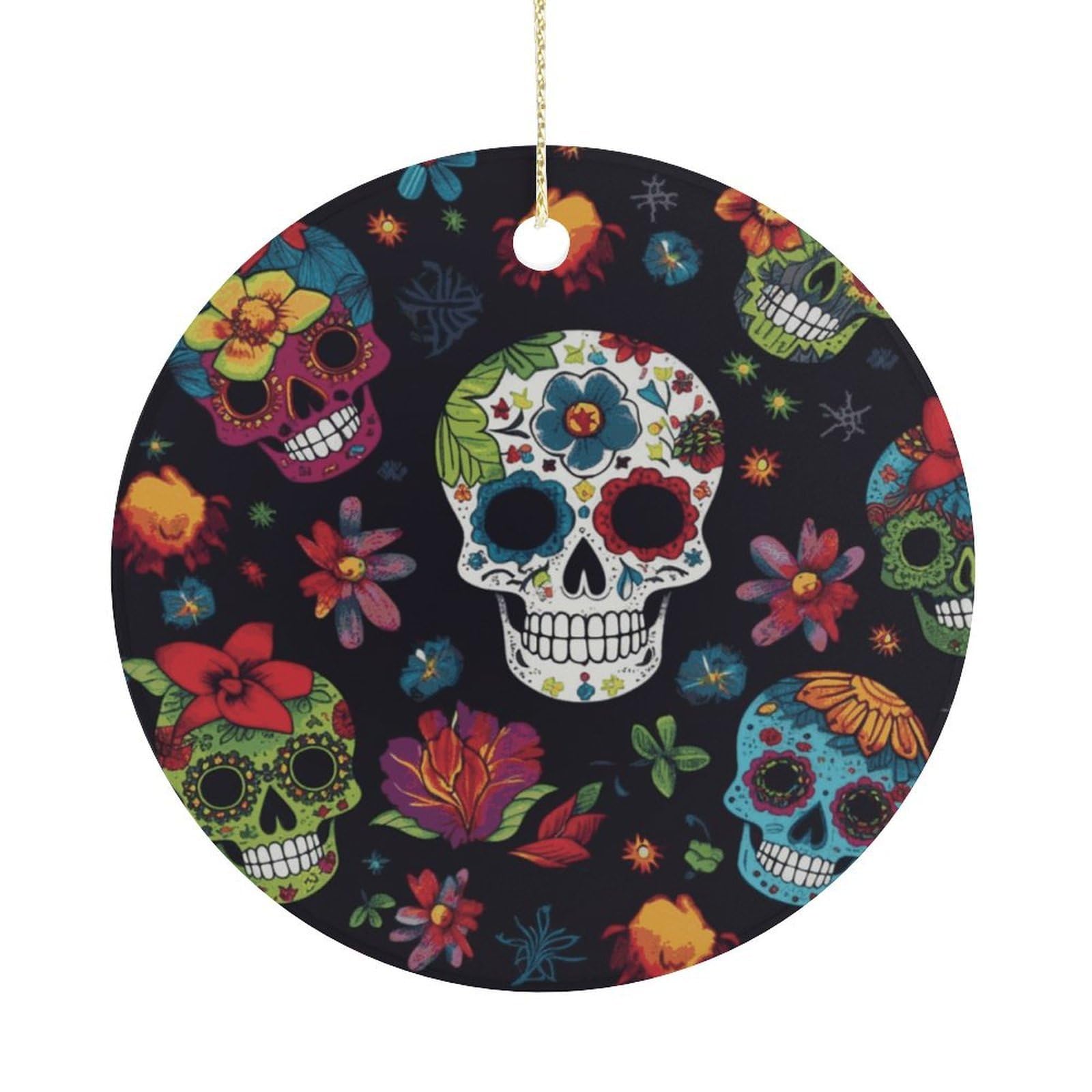 Flower Cactus Sugar Skull Christmas Ornaments Colorful Round Ceramic Ornament Christmas Hanging Decor Christmas Tree Decorations Xmas Keepsake for Women Men Xmas Holiday Party