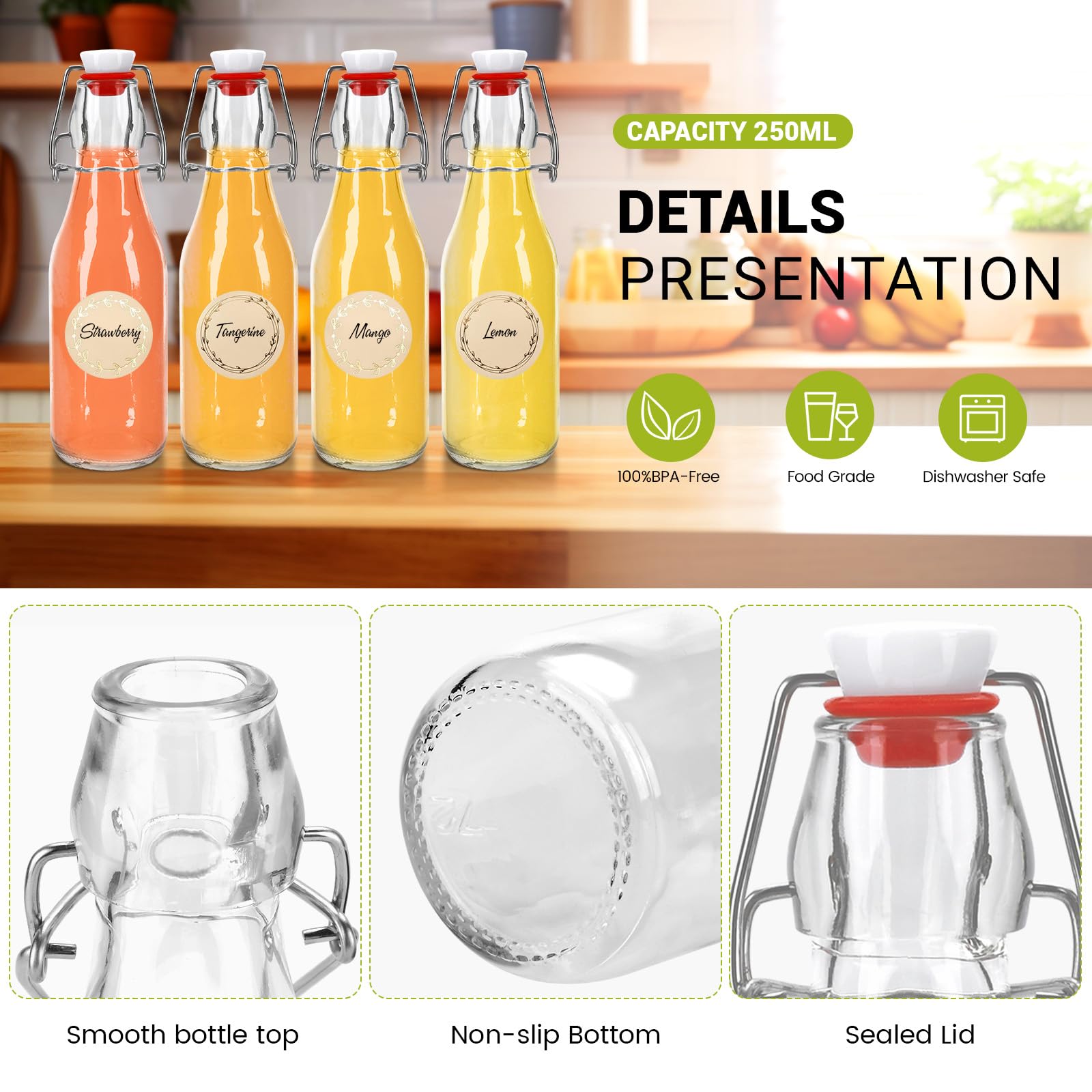 10 Szklanych Butelek 250 Ml Z Uchylną Górną Częścią, Likieru, Soku, Syropu