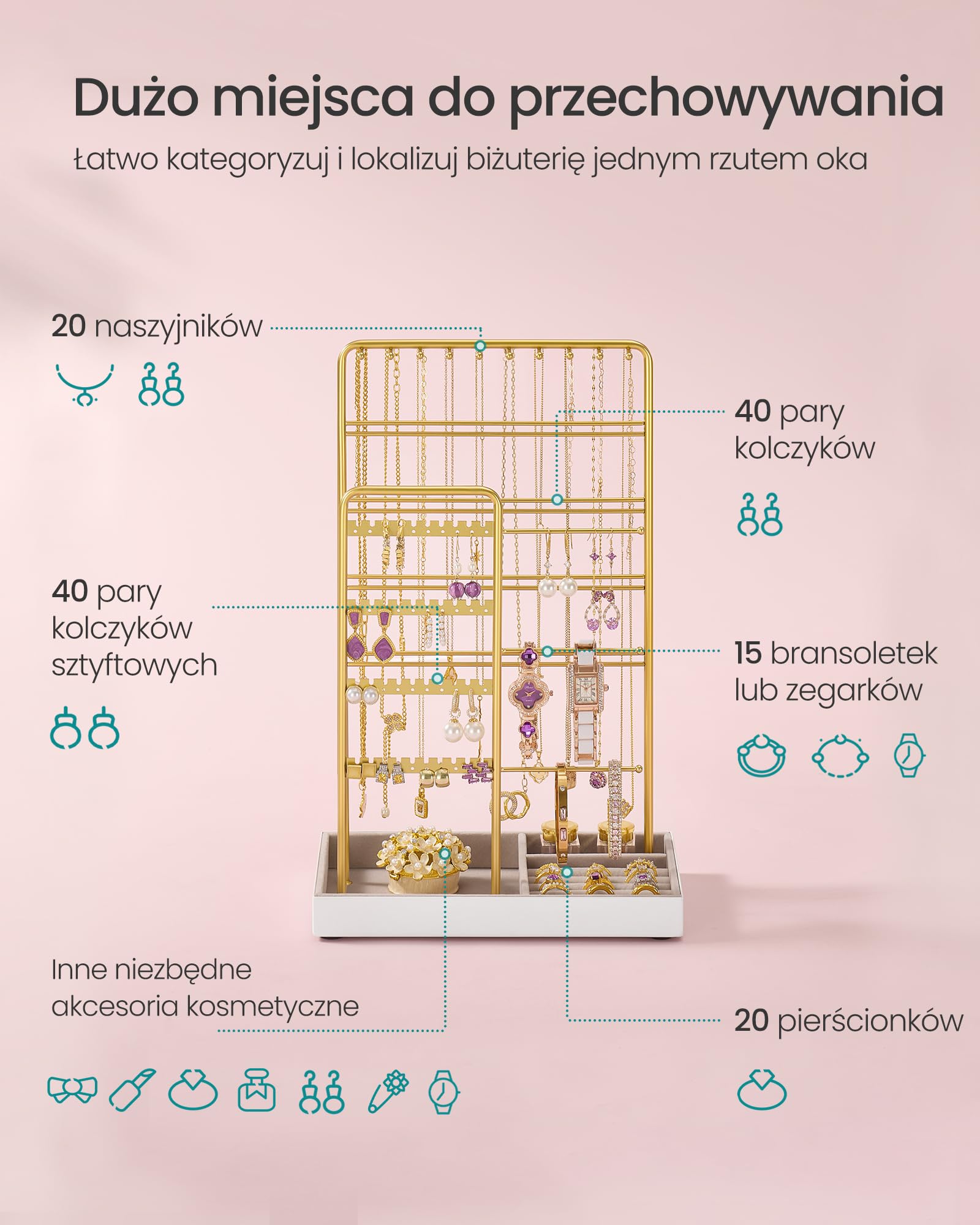 SONGMICS Stojak na biżuterię, metalowa rama, aksamitna tacka na biżuterię, przechowywanie biżuterii na naszyjniki, bransoletki, kolczyki, sztyfty i pierścionki