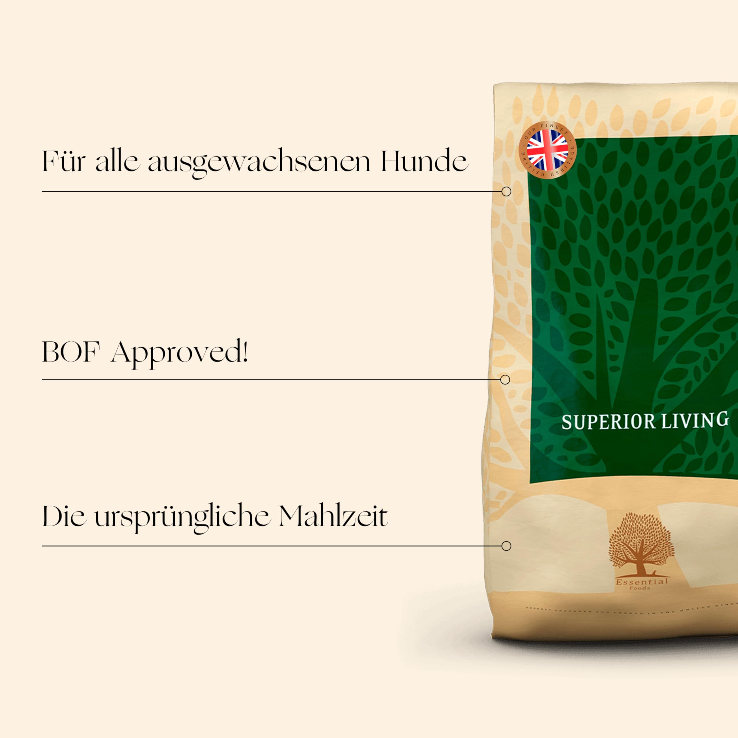Essential Superior Living 10 kg | Huhn, Ente, Lachs & Forelle | Getreidefrei und Premium Hundefutter für alle Rassen | proteinreich | nach dem BOF-Prinzip