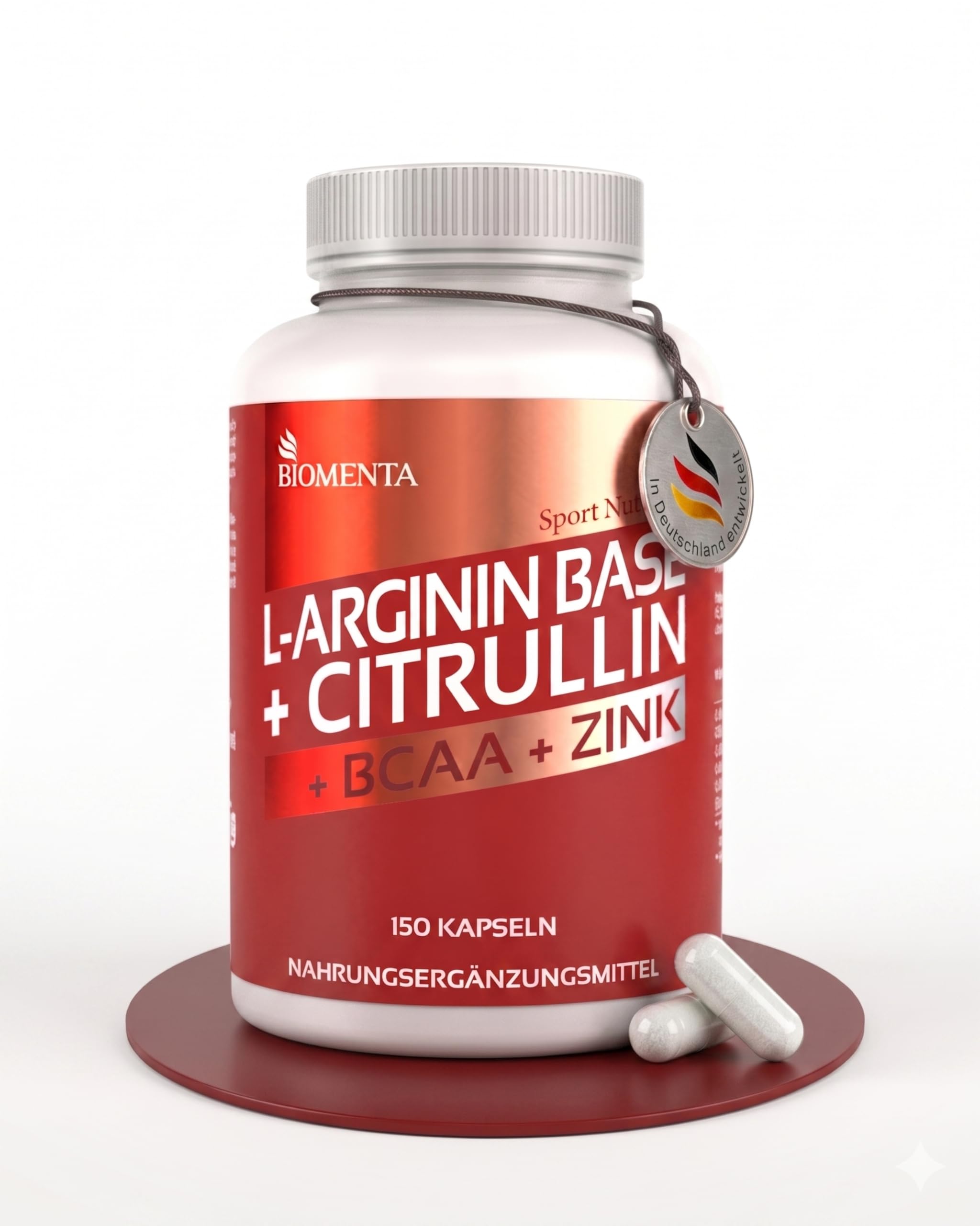 BIOMENTA L-Arginin Base + Citrullin + BCAA + Zink I 150 Kapseln mit 1100 mg Aminosäuren pro Einheit I Pre Workout Nahrungsergänzungsmittel ohne Zusätze I Laborgeprüfte Qualität