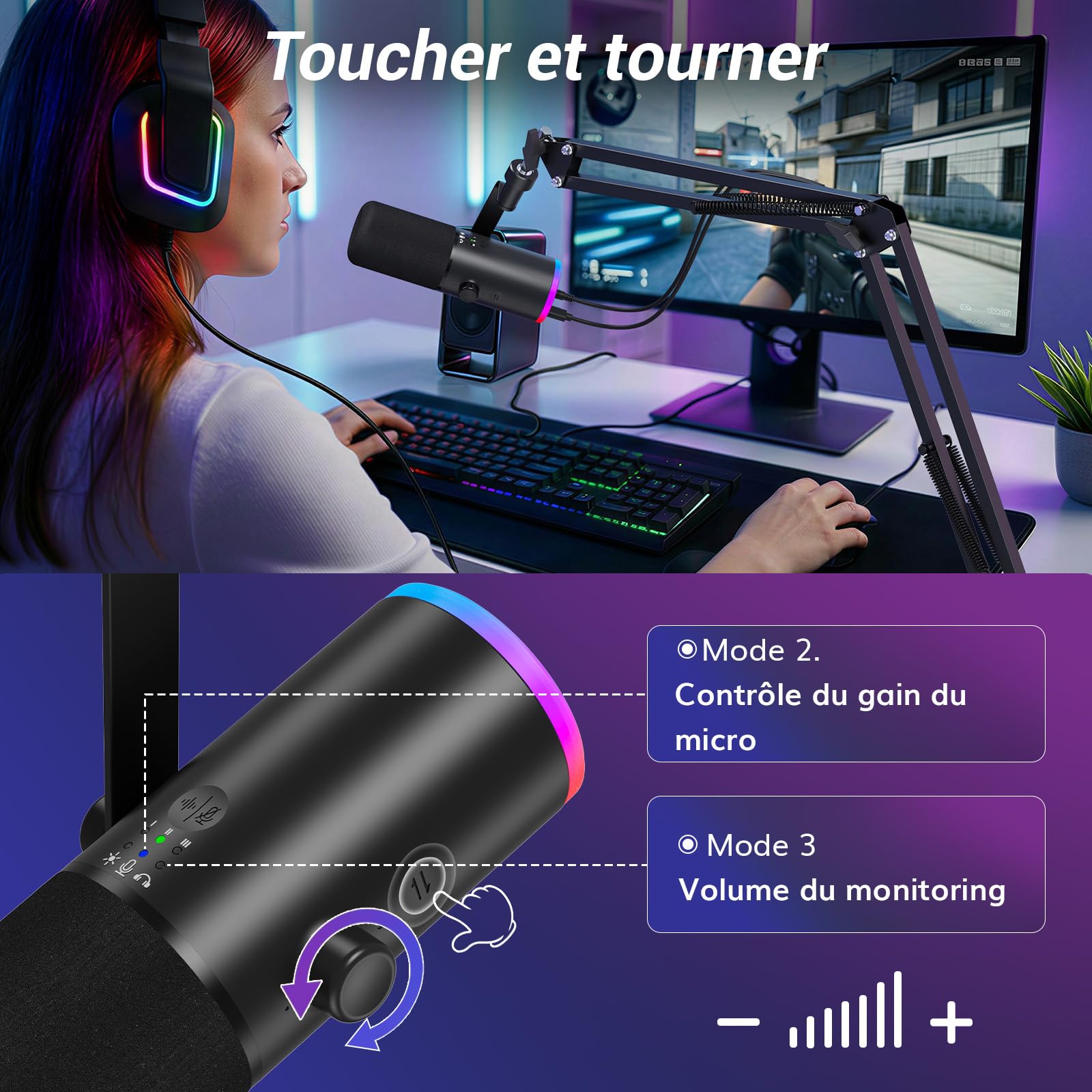 TONOR Micro Gaming Dynamique pour PC, Microphone Cardioïde Streaming XLR/USB avec Bras pour Podcasting/Studio, Annulation de Bruit IA, RGB Contrôlable, Prise Casque 3,5 mm, Noir, TD510 AIR H+