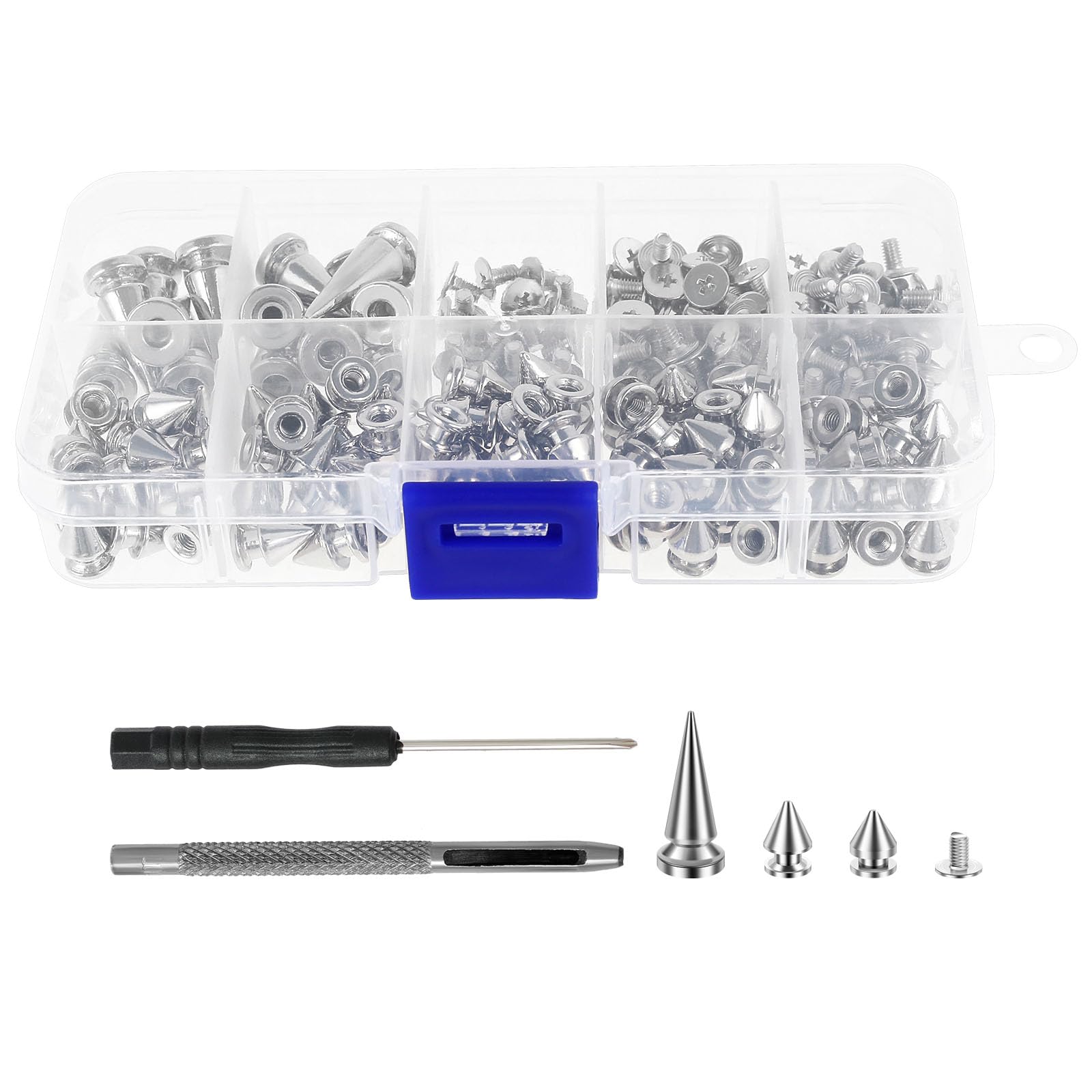 Deuson Women's Silver 105 Sets Punk Spikes And Studs Kit Zinc Alloy Cone Spike And Stud Rivet Kit 3 Size Metal Leather Tree Spike Assortment Kit Clothing Stud Décor Kit For Clothing Jacket Shoes(Silver)