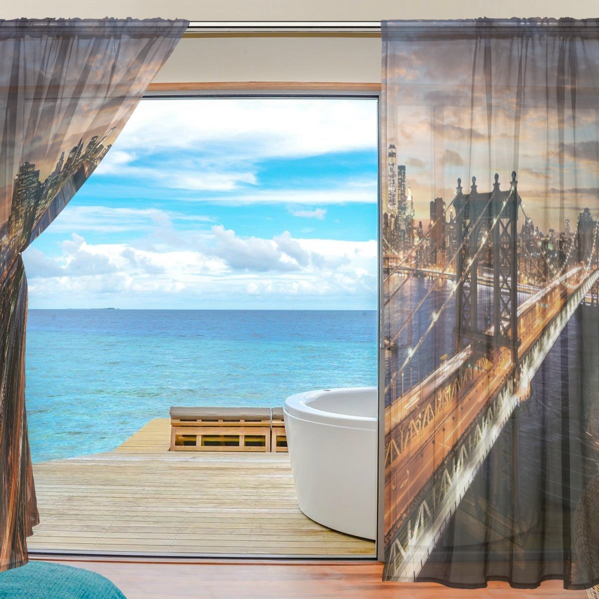 Amazon｜VAWA レースカーテン 遮光 おしゃれ 自然 風景 夜景 欧米風