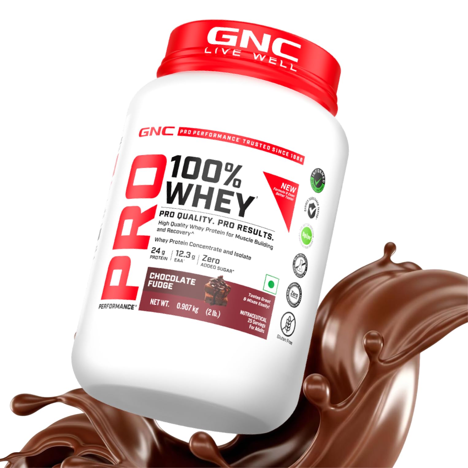 GNC Pro Performance 100% Whey Protein | New Formulation | 24g Protein, 5.7g BCAAs, 12.3g EAAs | Added DigeZyme® | Whey Isolate & Concentrate Blend, Low Carb (4.51g), No Added Sugar |Chocolate Fudge ,907g
