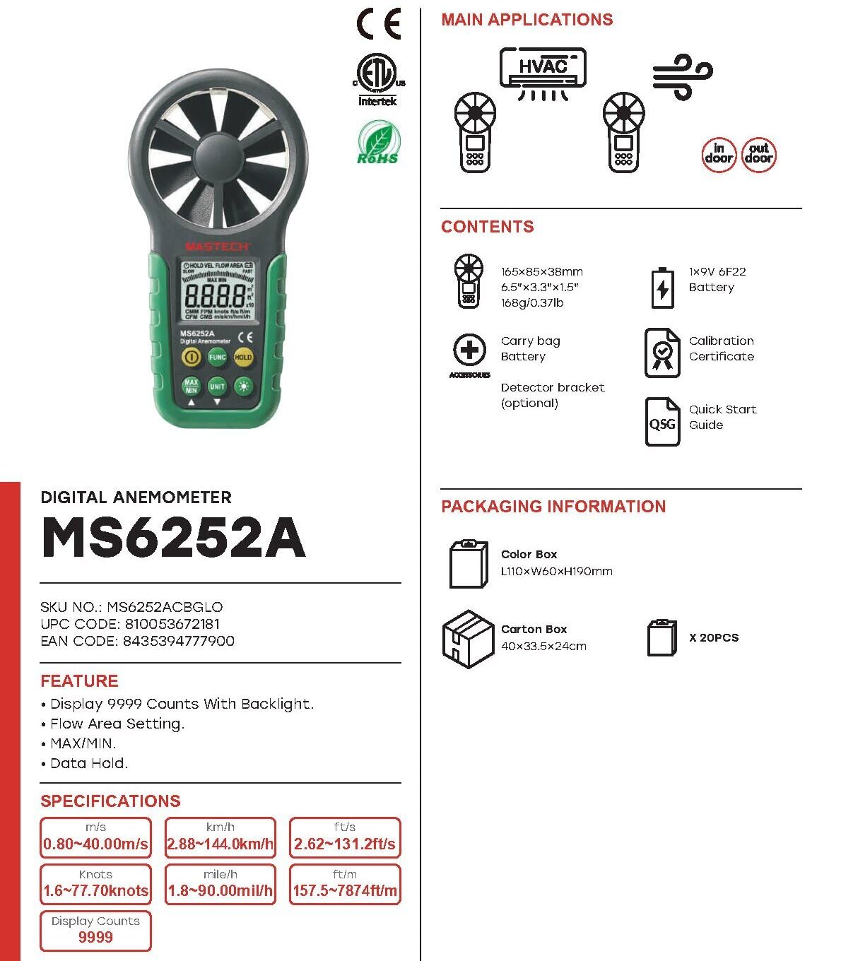 Anemómetro Digital MASTECH MS6252A MS6252B MS6252D Medidor de Velocidad del Viento Volumen de Aire Tester de Temperatura Ambiente Humedad con Interfaz USB Interfaz Inalámbrica(MS6252A)